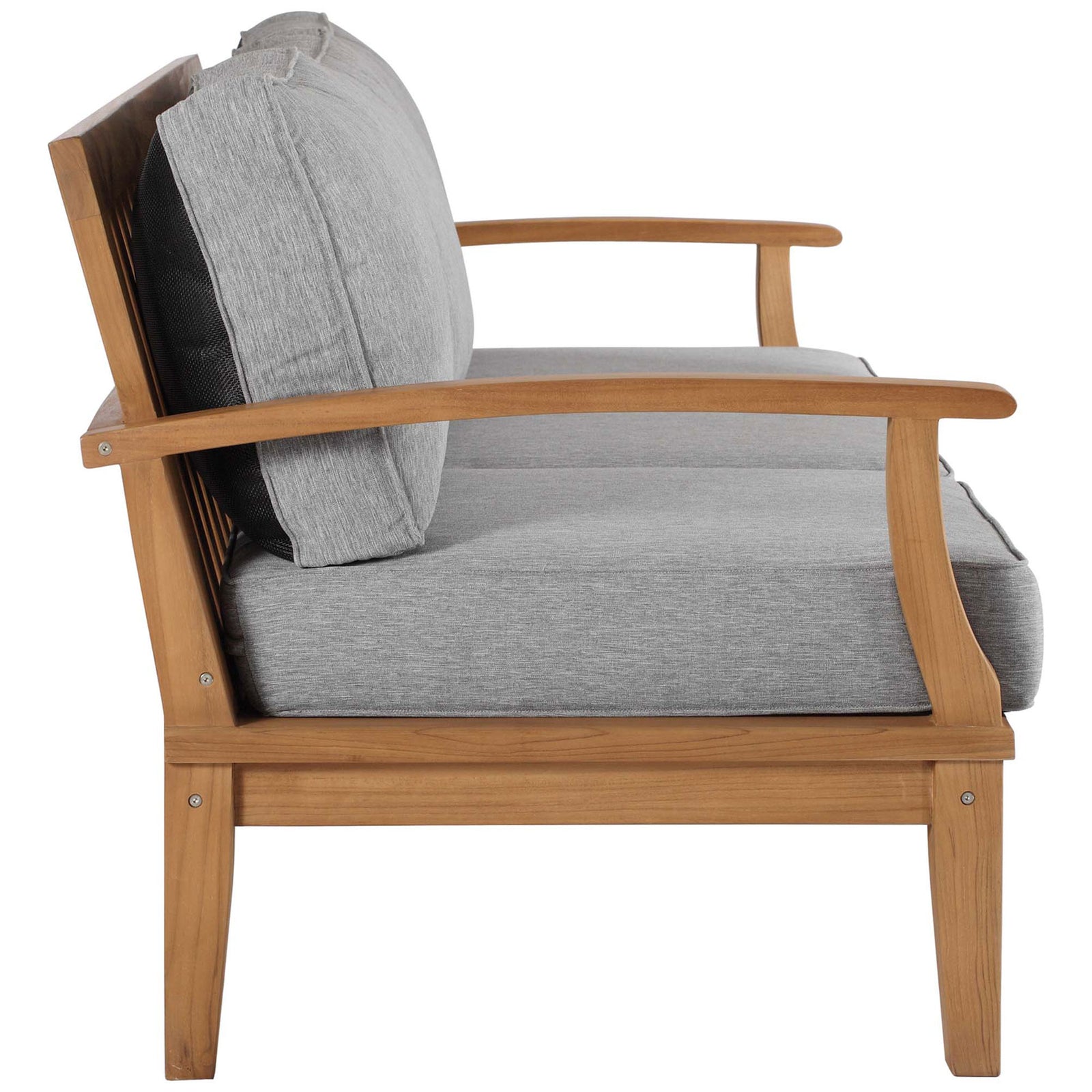 Slim teak frame and thick gray cushions create a modern profile for this outdoor sofa || EEI-4176-NAT-GRY || side_studio