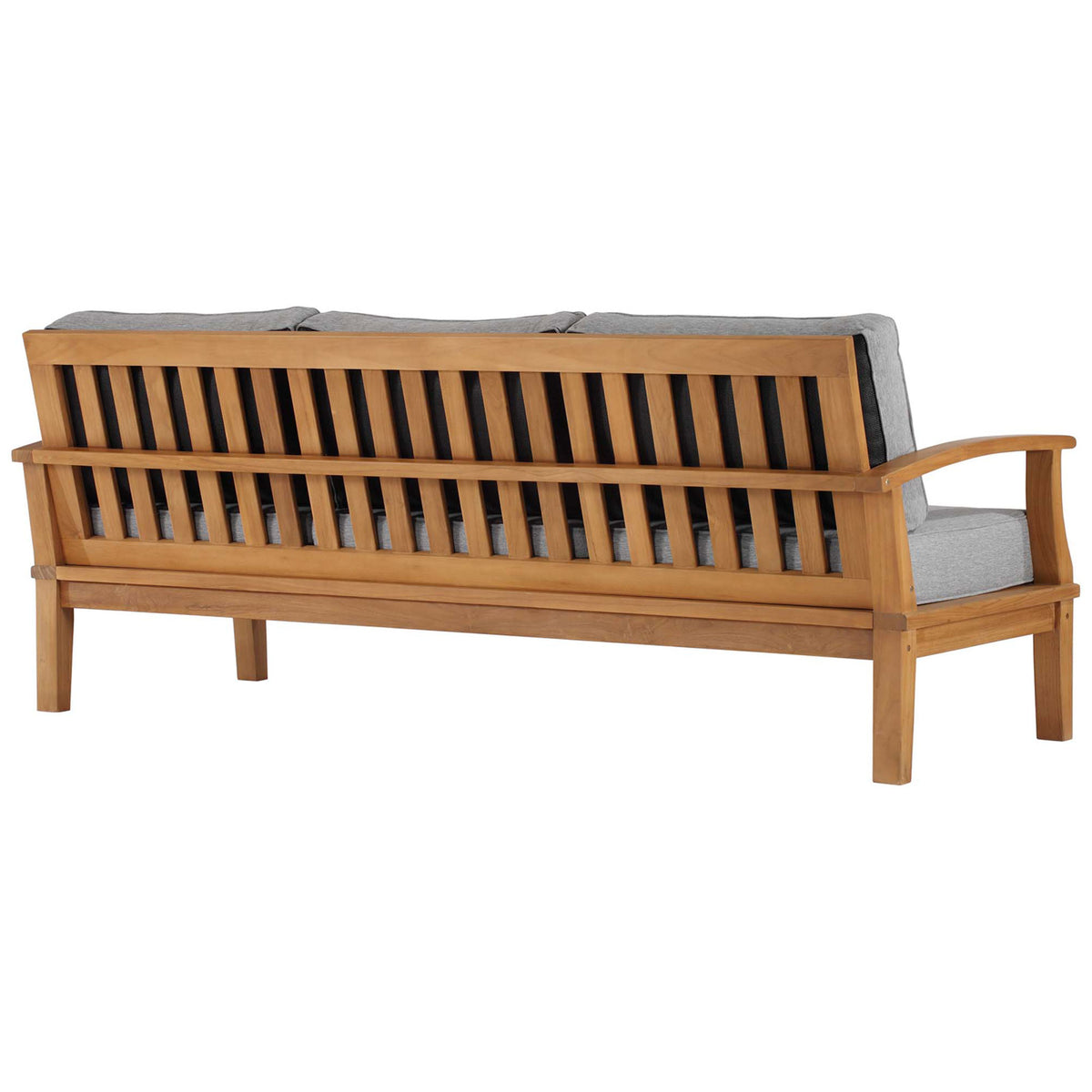 Slatted teak backrest with warm wood grain adds airy style to this gray cushioned patio sofa || EEI-4176-NAT-GRY || back_angle_studio