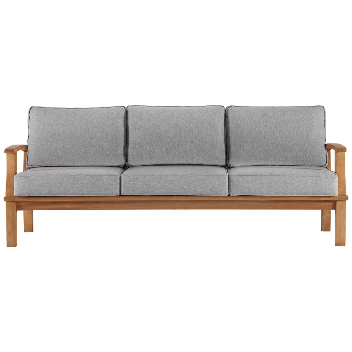 Teak patio sofa with natural wood frame and tailored gray cushions ready for outdoor lounging || EEI-4176-NAT-GRY || front_studio