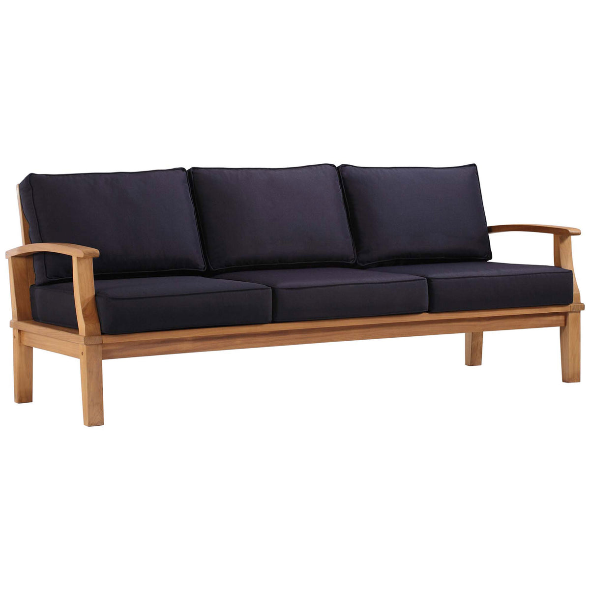 Spacious three-seat teak sofa with rich navy cushions and gently curved open arms || EEI-4176-NAT-NAV || front_angle_studio