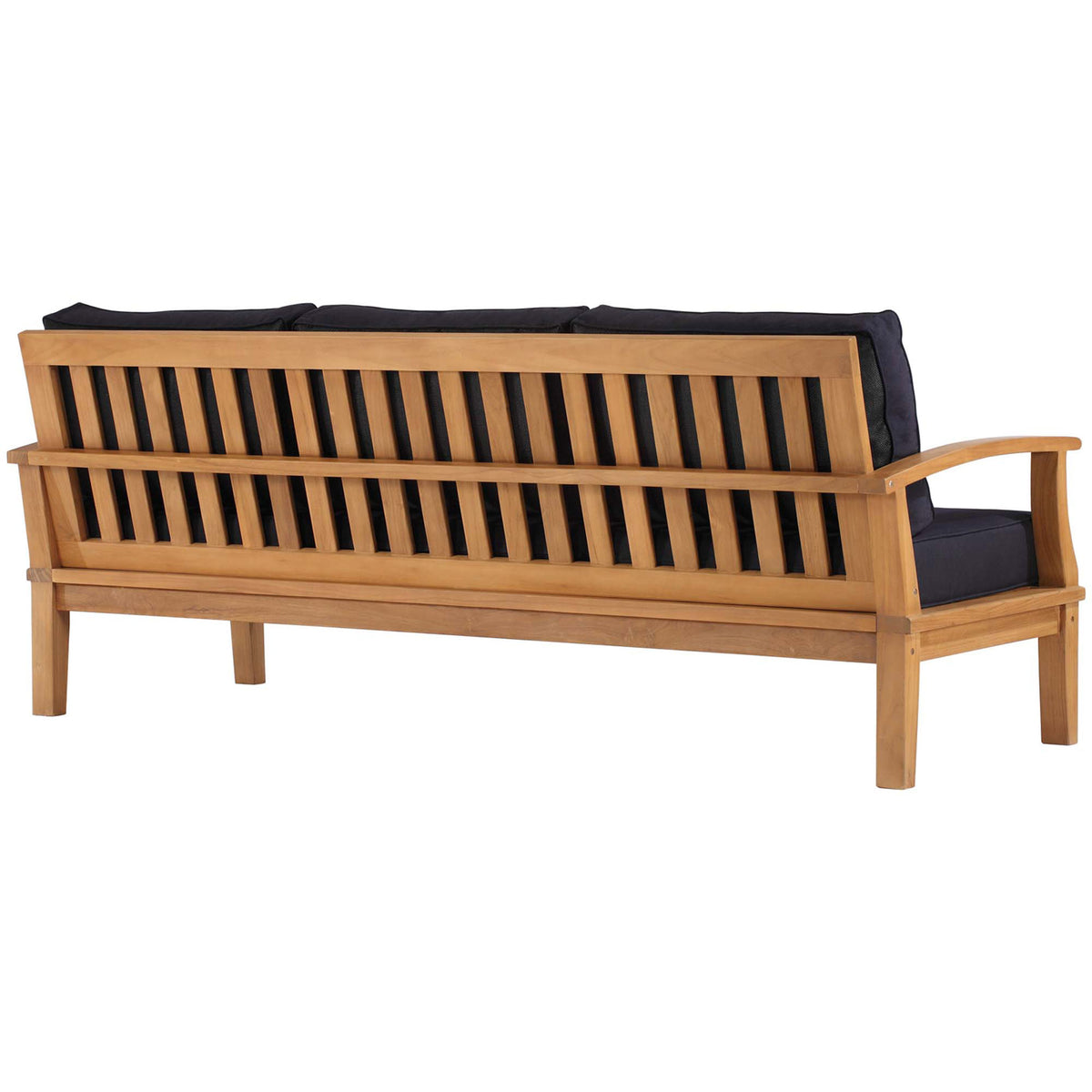Warm teak slatted backrest pairs with navy cushions for an airy, nautical-inspired patio sofa || EEI-4176-NAT-NAV || back_angle_studio