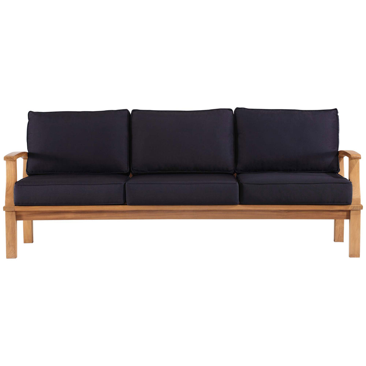 Teak patio sofa with natural wood frame and deep navy cushions for refined outdoor seating || EEI-4176-NAT-NAV || front_studio