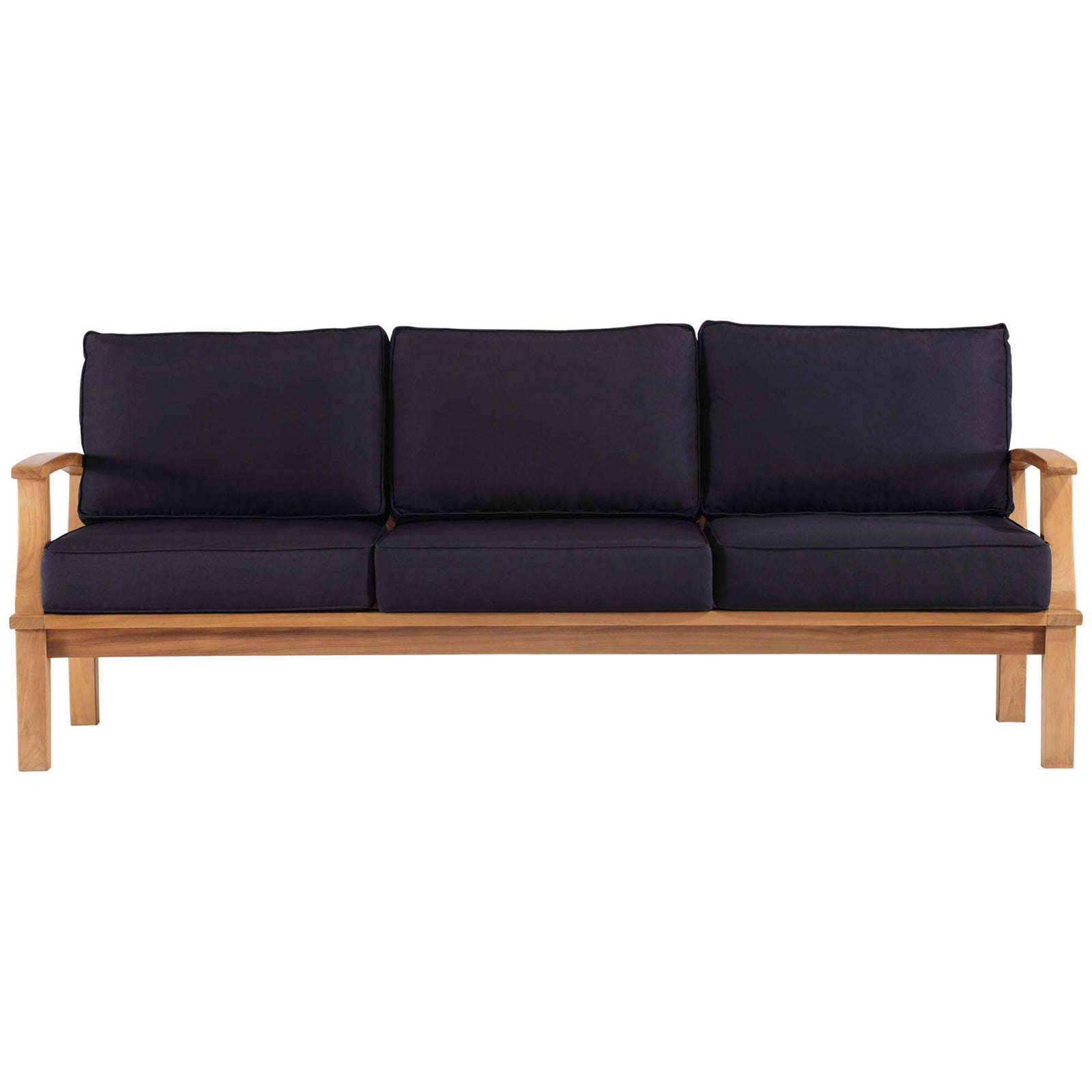 Teak patio sofa with natural wood frame and deep navy cushions for refined outdoor seating || EEI-4176-NAT-NAV || front_studio