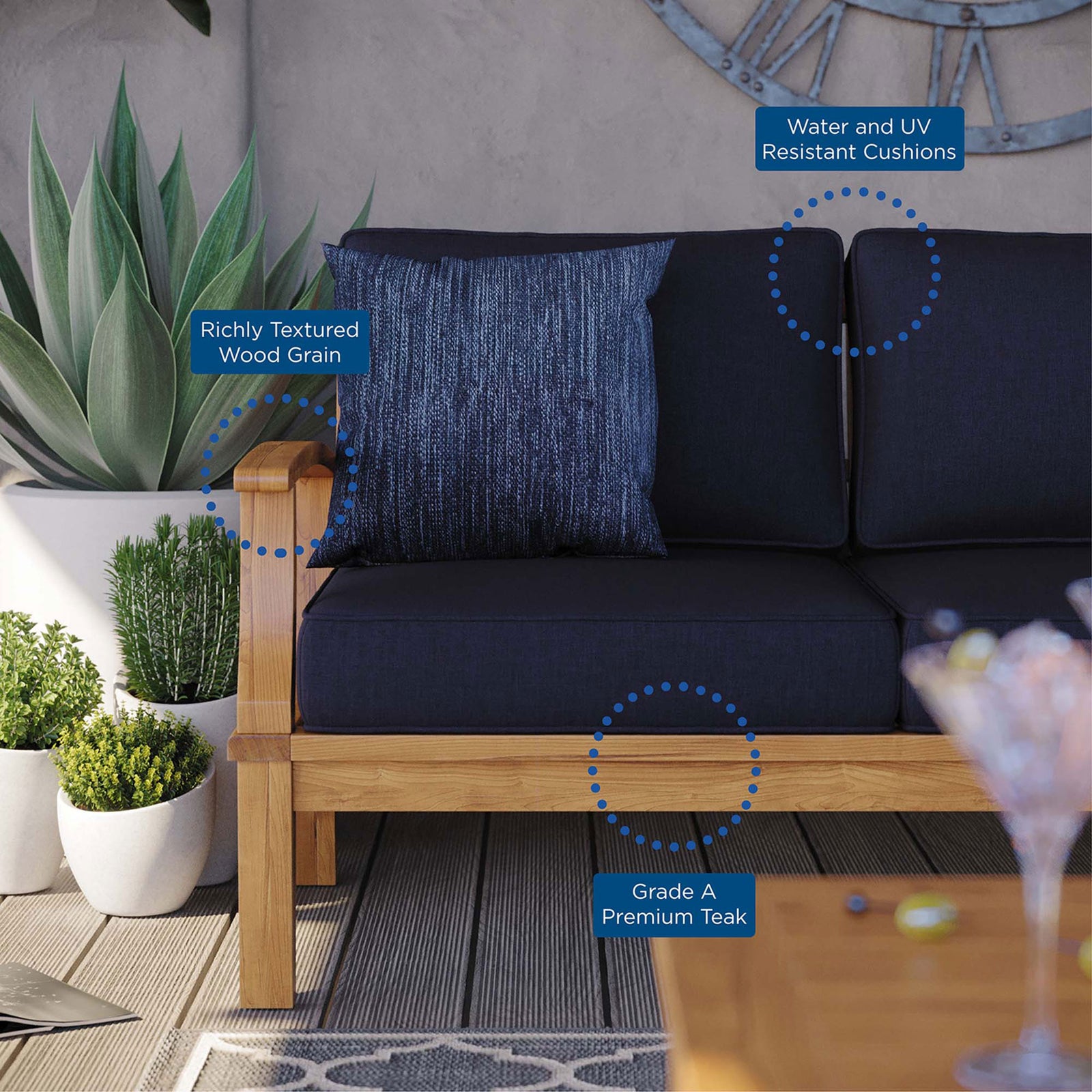 Teak patio sofa highlighting richly textured wood grain, Grade A premium teak, and UV resistant navy cushions || EEI-4176-NAT-NAV || callout_room