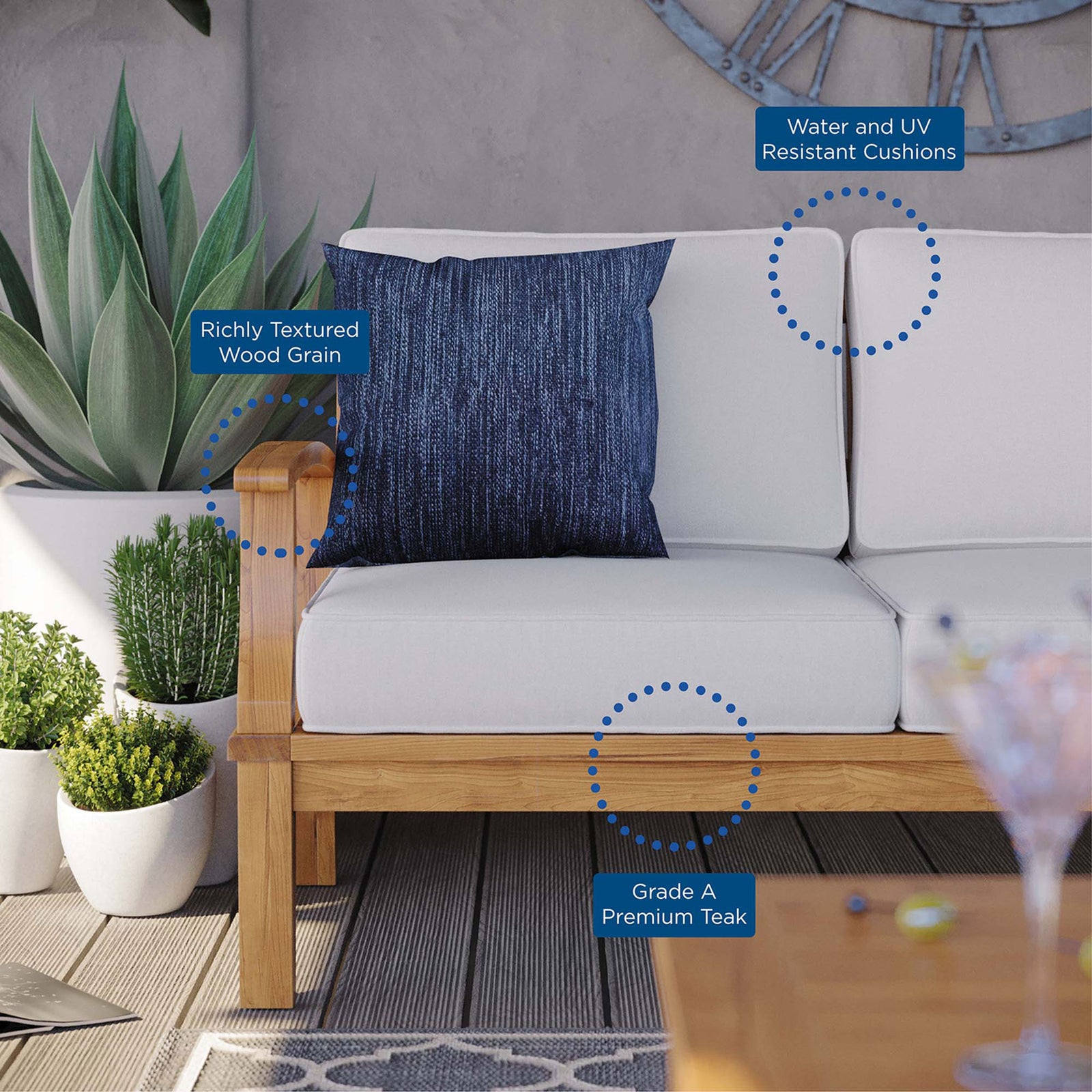 Teak patio sofa showcasing richly textured wood grain, Grade A premium teak, and water resistant white cushions || EEI-4176-NAT-WHI || callout_room
