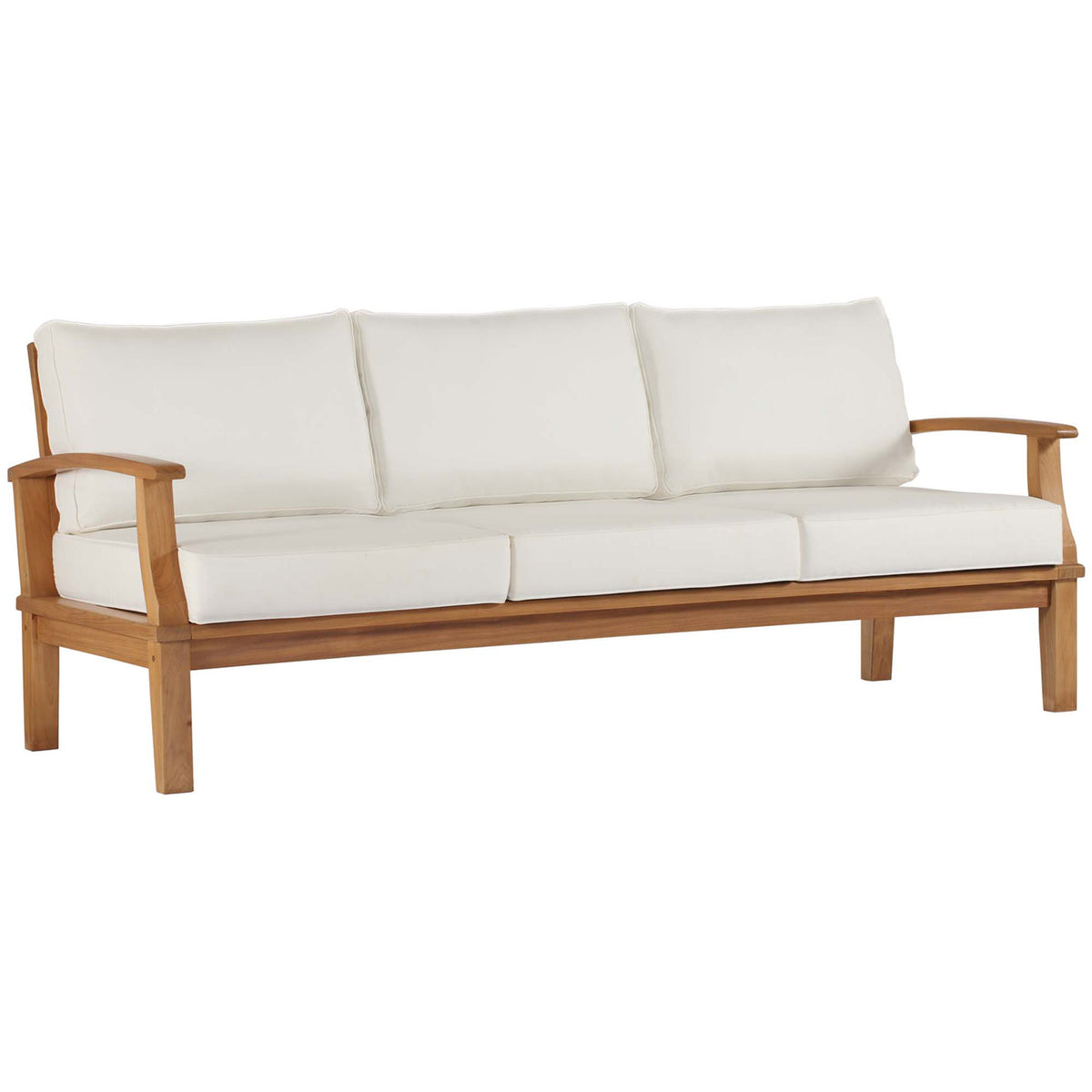 Spacious three-seat teak sofa with plush white cushions and gently curved open arms || EEI-4176-NAT-WHI || front_angle_studio