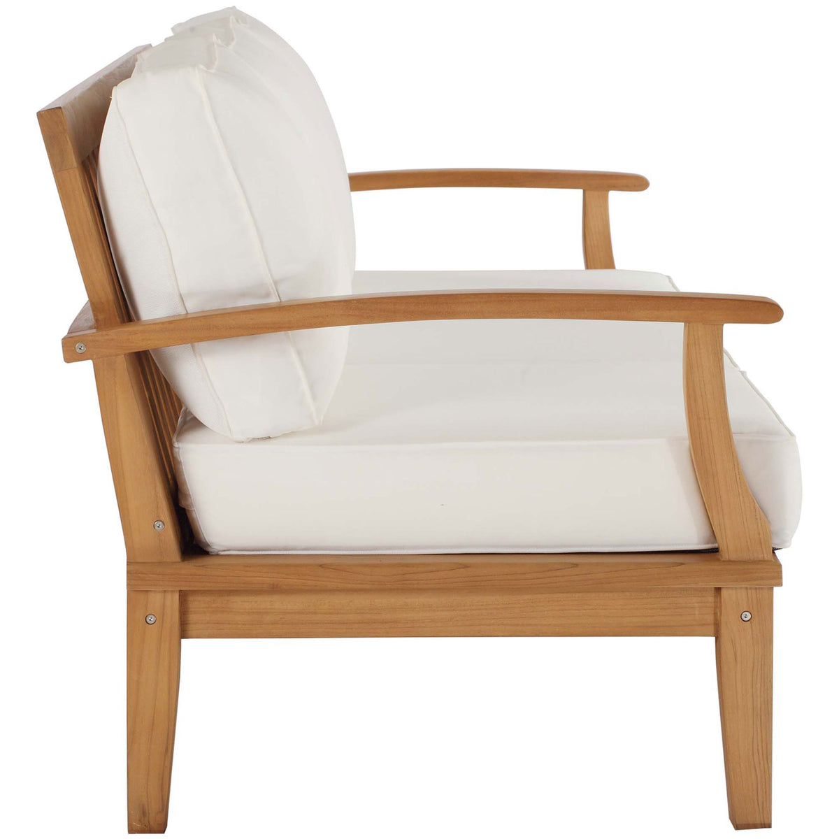 Streamlined teak frame and thick white cushions create a clean, modern outdoor sofa silhouette || EEI-4176-NAT-WHI || side_studio