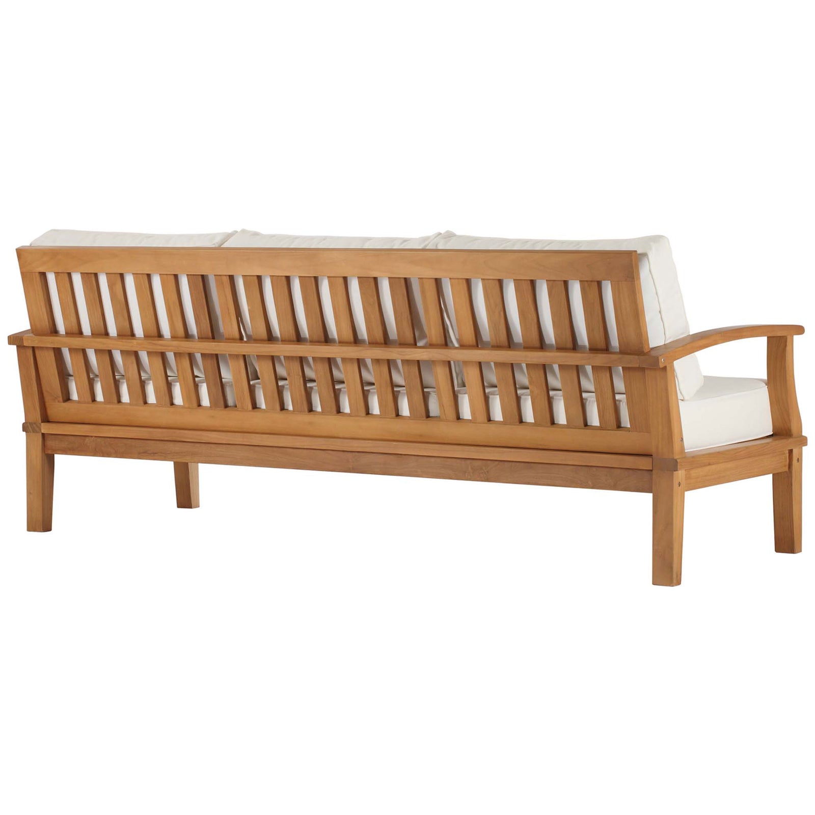 Airy slatted teak backrest and white cushions bring relaxed coastal style to this patio sofa || EEI-4176-NAT-WHI || back_angle_studio