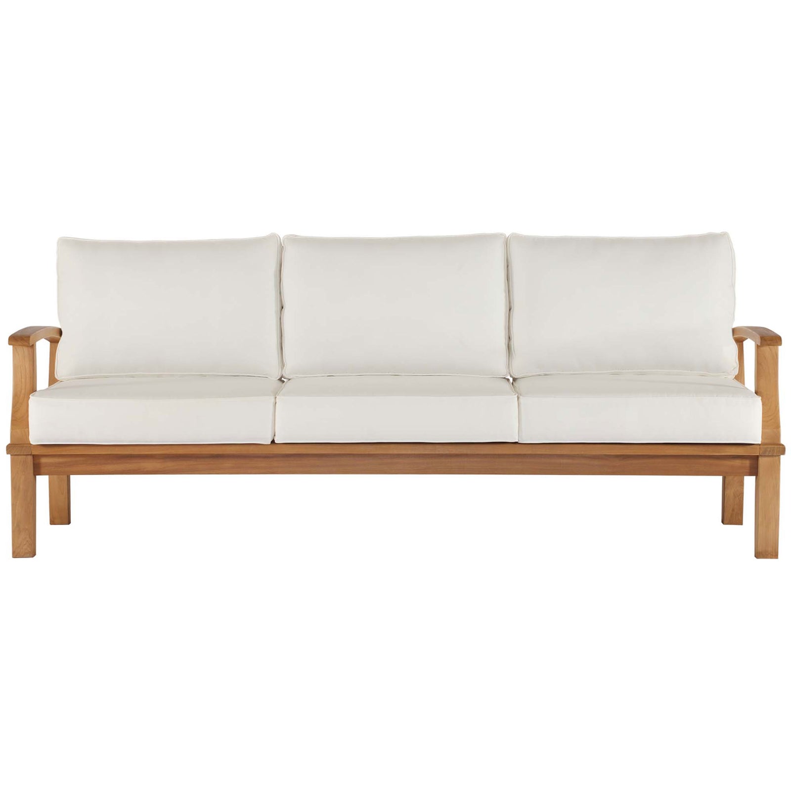 Teak patio sofa with natural wood frame and crisp white cushions brightening any outdoor space || EEI-4176-NAT-WHI || front_studio