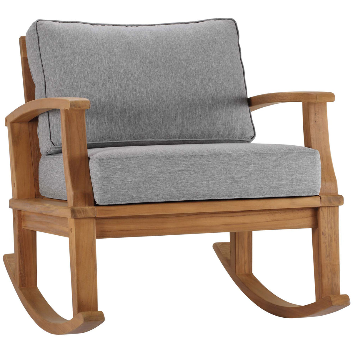 Solid teak outdoor rocking chair with gray cushions and sculpted arms showcasing the warm natural wood grain || EEI-4177-NAT-GRY || front_angle_studio