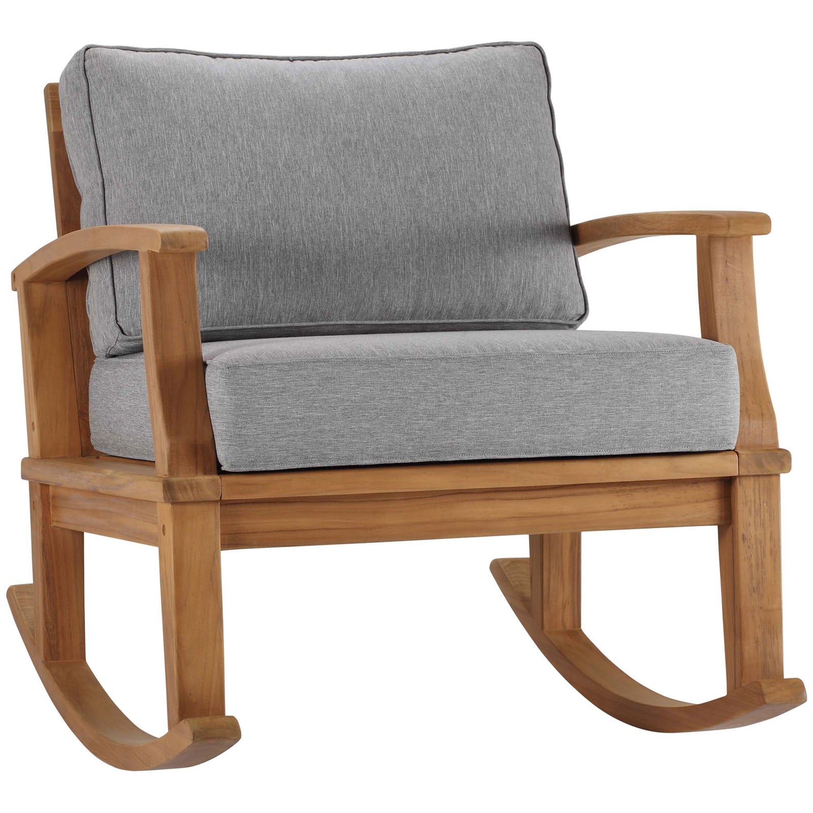 Solid teak outdoor rocking chair with gray cushions and sculpted arms showcasing the warm natural wood grain || EEI-4177-NAT-GRY || front_angle_studio