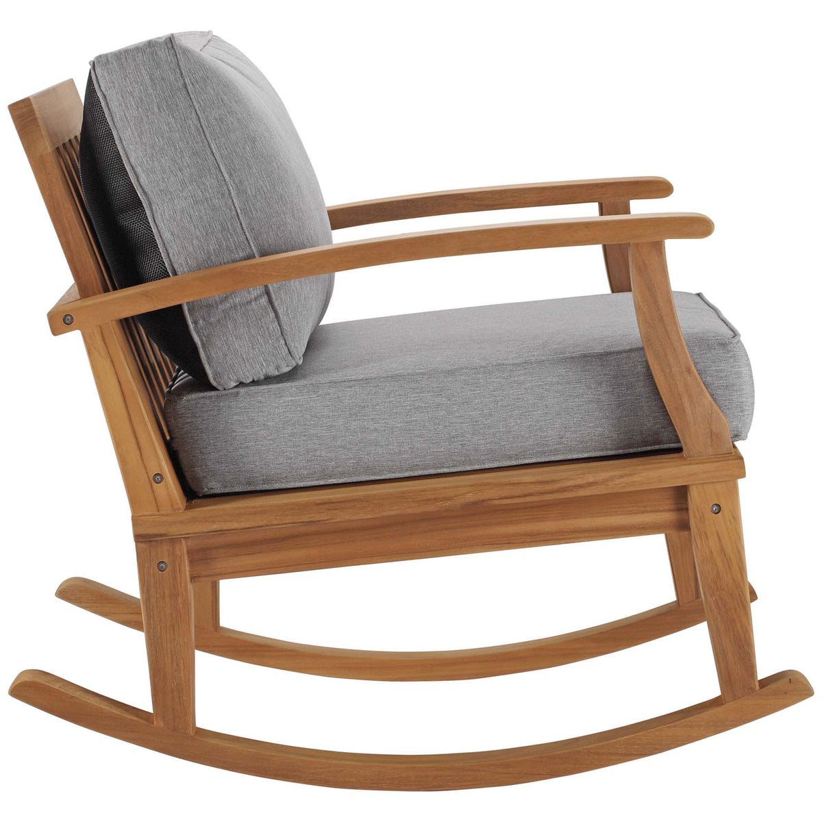 Side view of teak patio rocker featuring deep gray cushions and smooth curved runners for gentle rocking || EEI-4177-NAT-GRY || side_studio