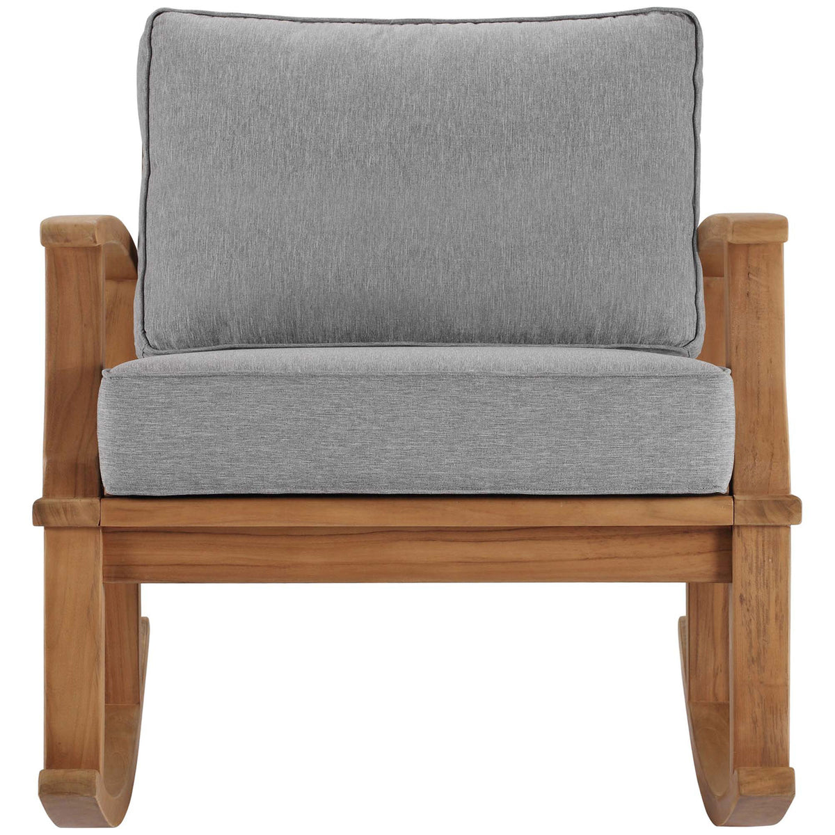 Marina teak patio rocking chair with generously cushioned gray seat and back for inviting outdoor comfort || EEI-4177-NAT-GRY || front_studio