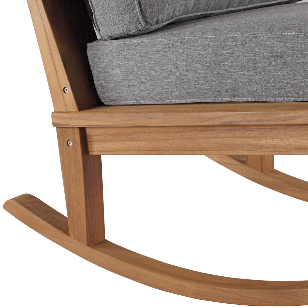 Close up of Marina rocker base showing sturdy teak frame and curved rockers beneath gray cushion || EEI-4177-NAT-GRY || detail_studio