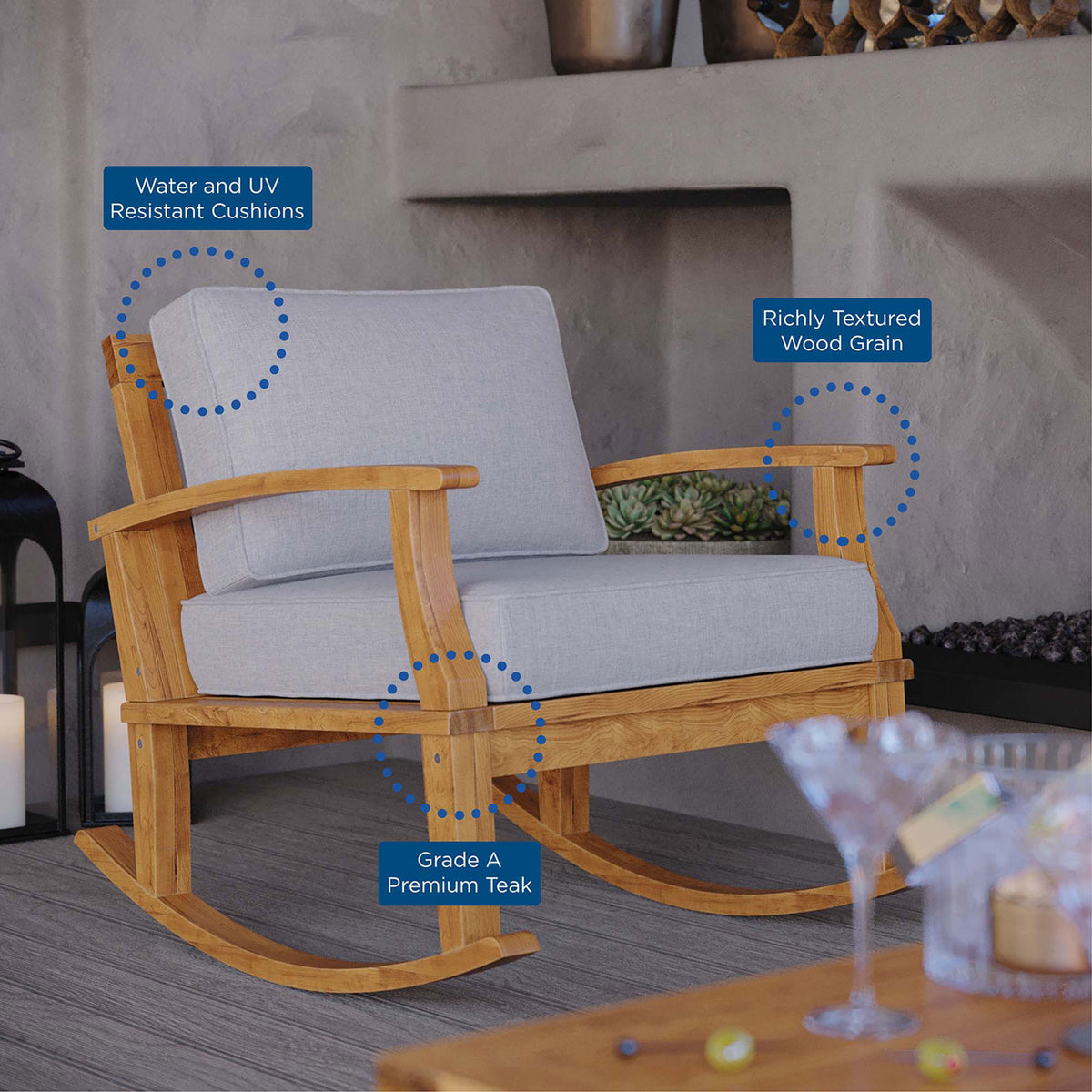 Lifestyle view of Marina teak rocker with gray cushions highlighting water resistant fabric and premium wood grain || EEI-4177-NAT-GRY || callout_room