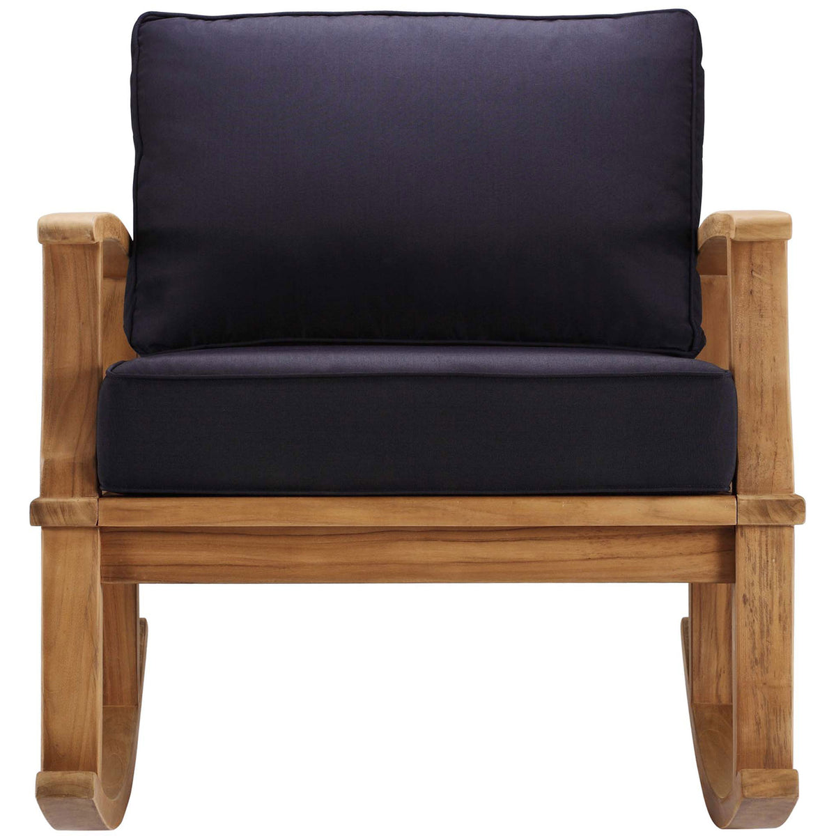 Marina teak patio rocking chair with plush navy seat and back cushions for inviting outdoor comfort || EEI-4177-NAT-NAV || front_studio