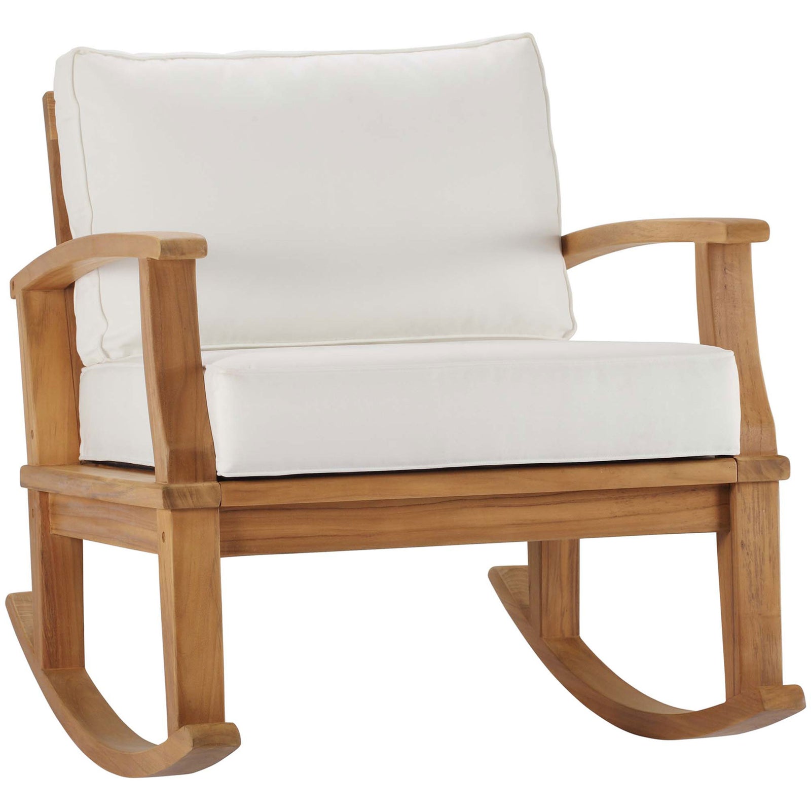 Solid teak outdoor rocking chair with bright white cushions and gently curved arms showcasing natural wood grain || EEI-4177-NAT-WHI || front_angle_studio