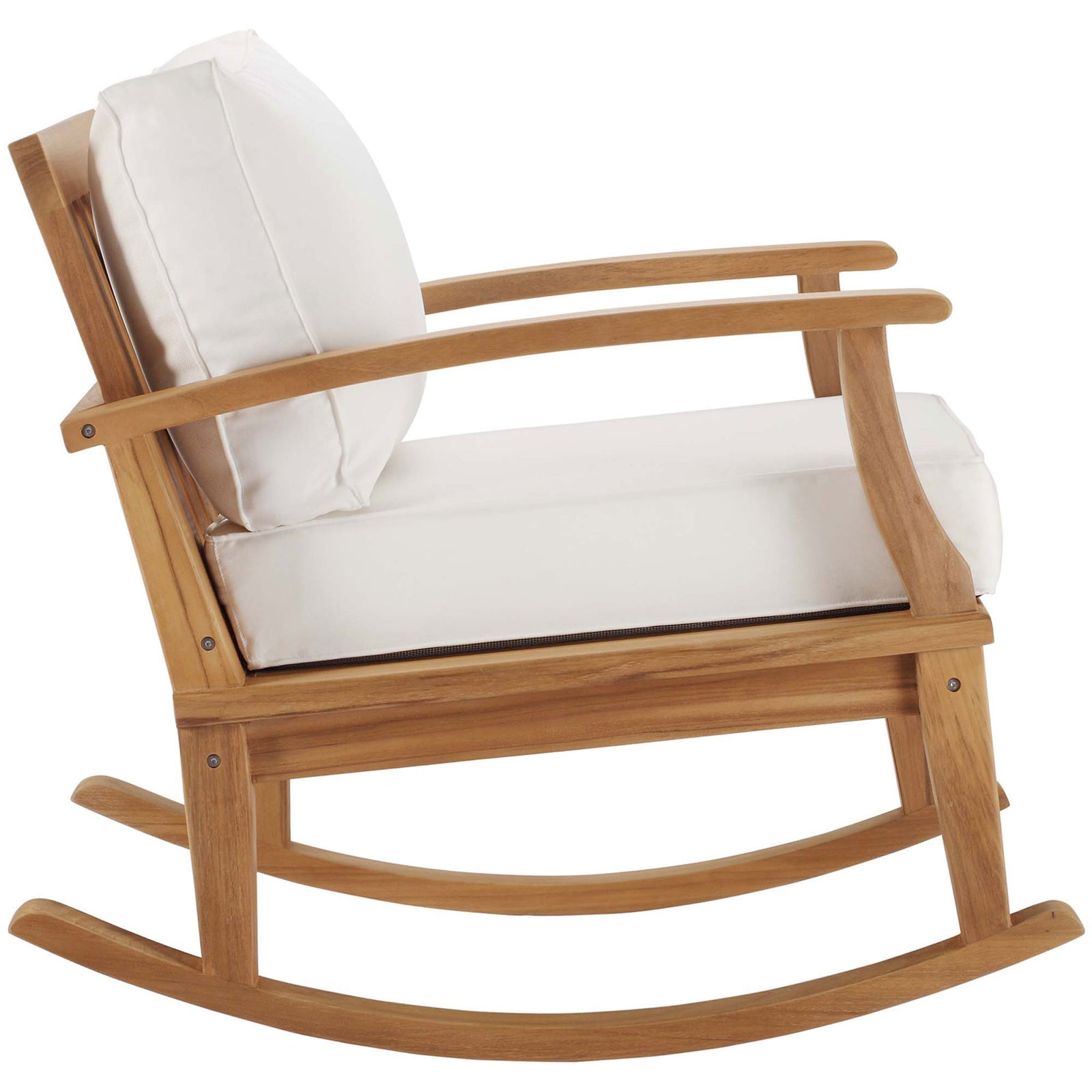 Side view of teak patio rocker featuring thick white cushions and smooth curved runners for easy rocking || EEI-4177-NAT-WHI || side_studio