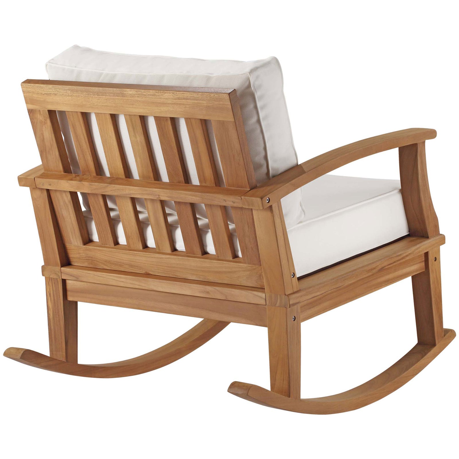 Teak outdoor rocking chair with slatted backrest and clean white cushions for relaxed outdoor lounging || EEI-4177-NAT-WHI || back_angle_studio