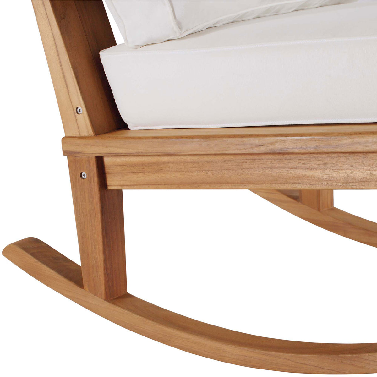 Close up of Marina rocker base highlighting sturdy teak frame and curved rockers beneath white cushion || EEI-4177-NAT-WHI || detail_studio
