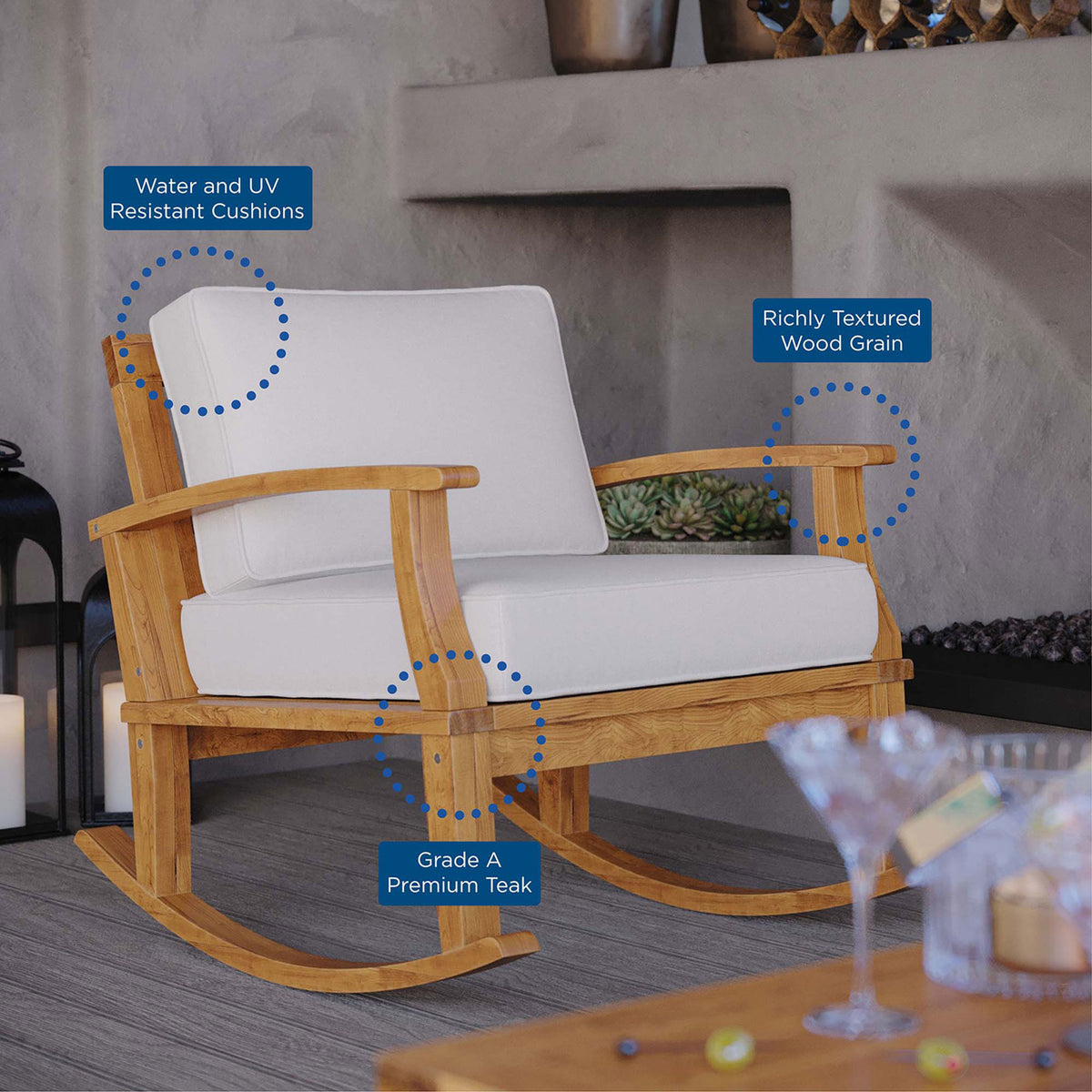 Lifestyle view of Marina teak rocker with white cushions featuring water resistant fabric and premium wood grain || EEI-4177-NAT-WHI || callout_room
