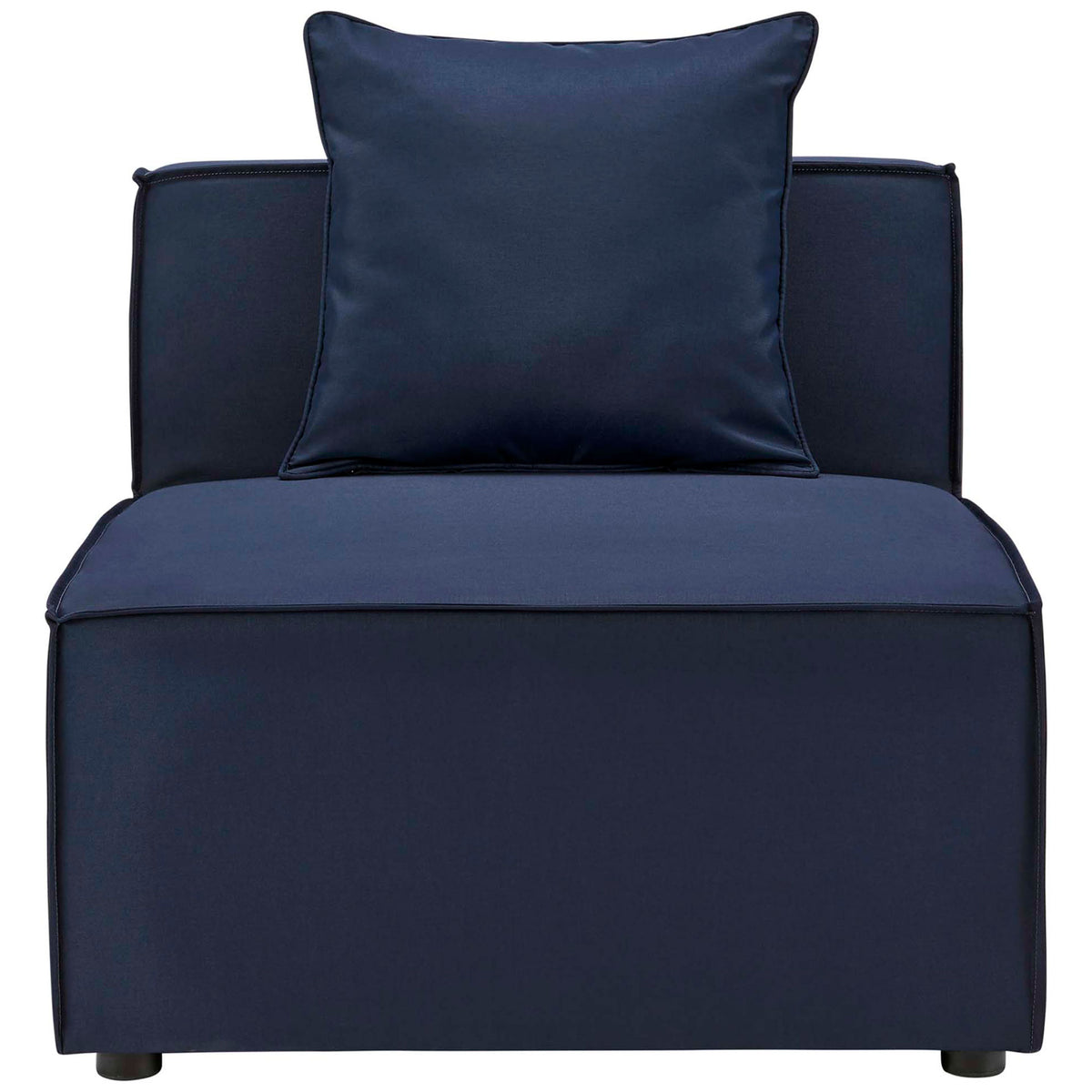 Navy blue outdoor armless sectional chair with wide cushioned seat and matching back pillow || EEI-4209-NAV || front_studio