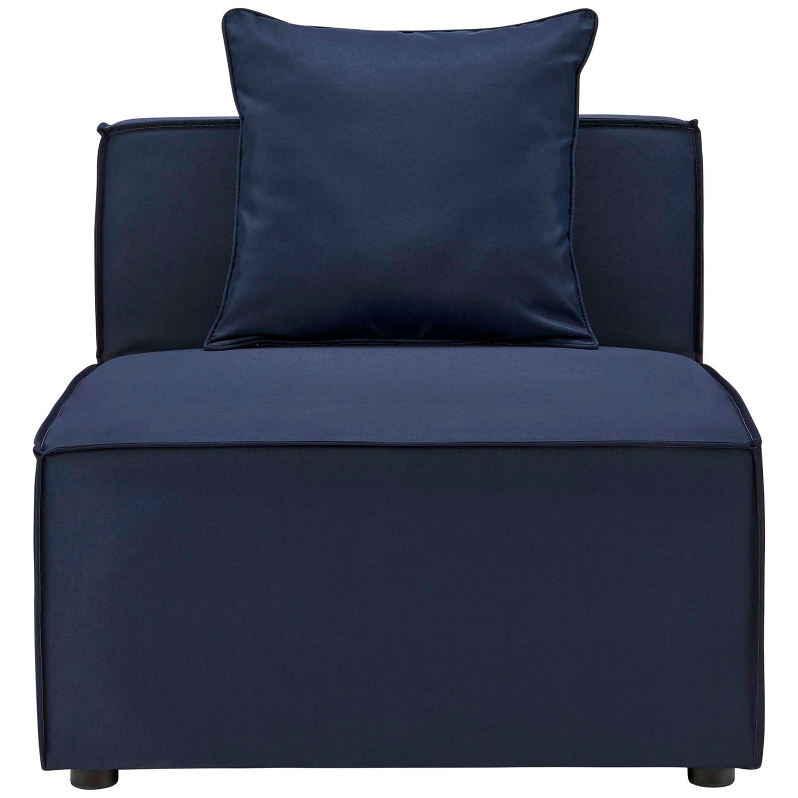 Navy blue outdoor armless sectional chair with wide cushioned seat and matching back pillow || EEI-4209-NAV || front_studio