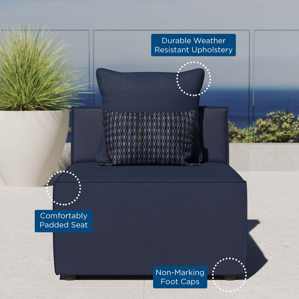 Navy outdoor armless chair on patio featuring padded seat, weather resistant upholstery, and non marking feet || EEI-4209-NAV || callout_room