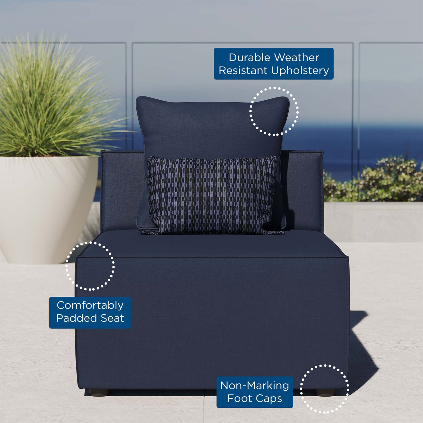 Navy outdoor armless chair on patio featuring padded seat, weather resistant upholstery, and non marking feet || EEI-4209-NAV || callout_room