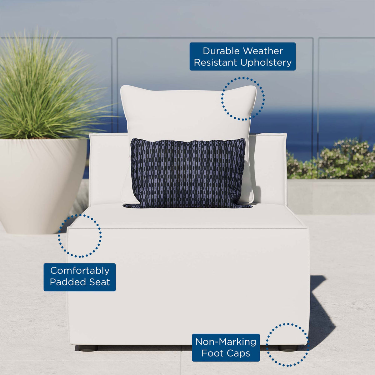 White outdoor armless chair on patio featuring padded seat, weather resistant upholstery, and non marking foot caps || EEI-4209-WHI || callout_room
