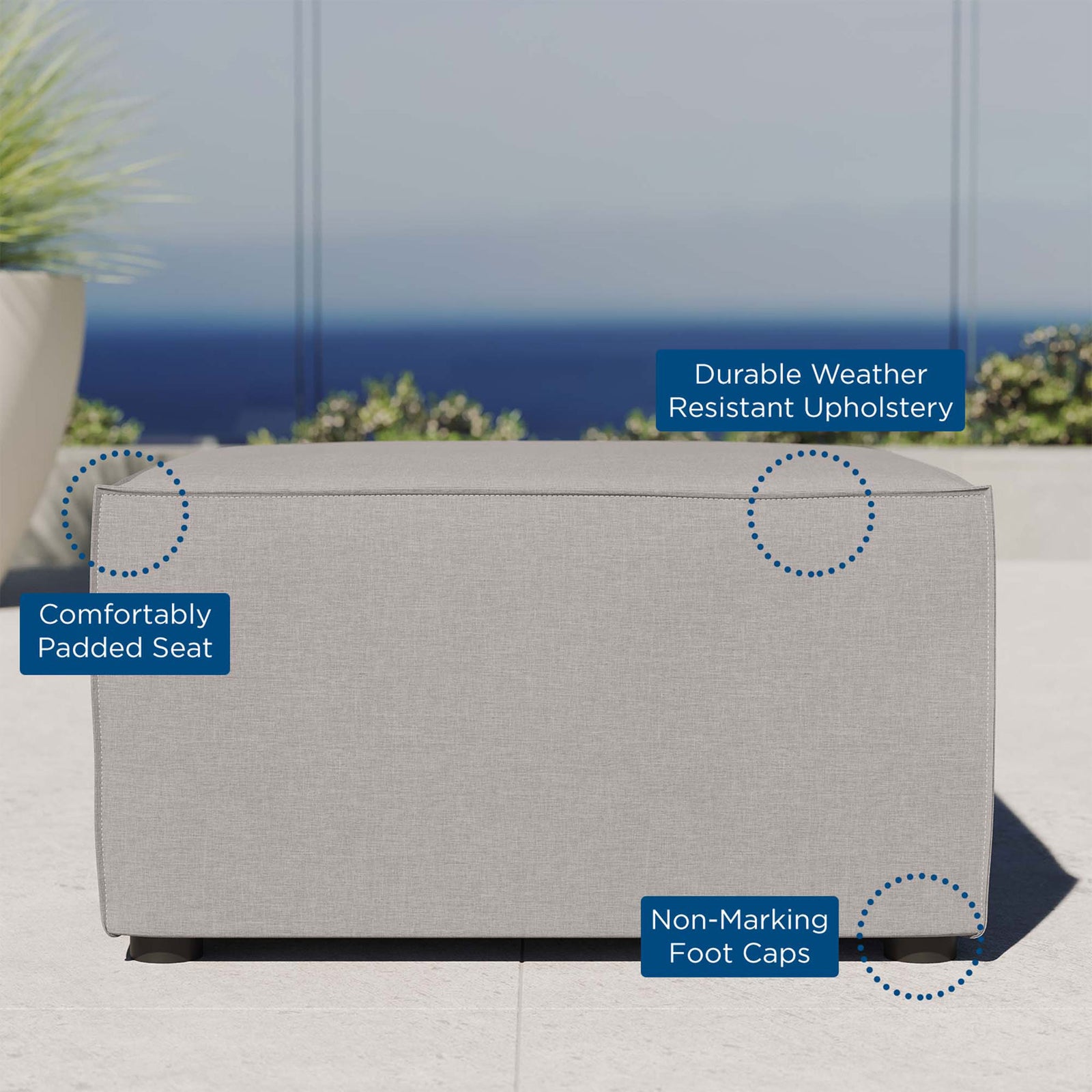Gray outdoor ottoman showcasing weather-resistant upholstery, padded seat, and non-marking foot caps || EEI-4211-GRY || callout_room