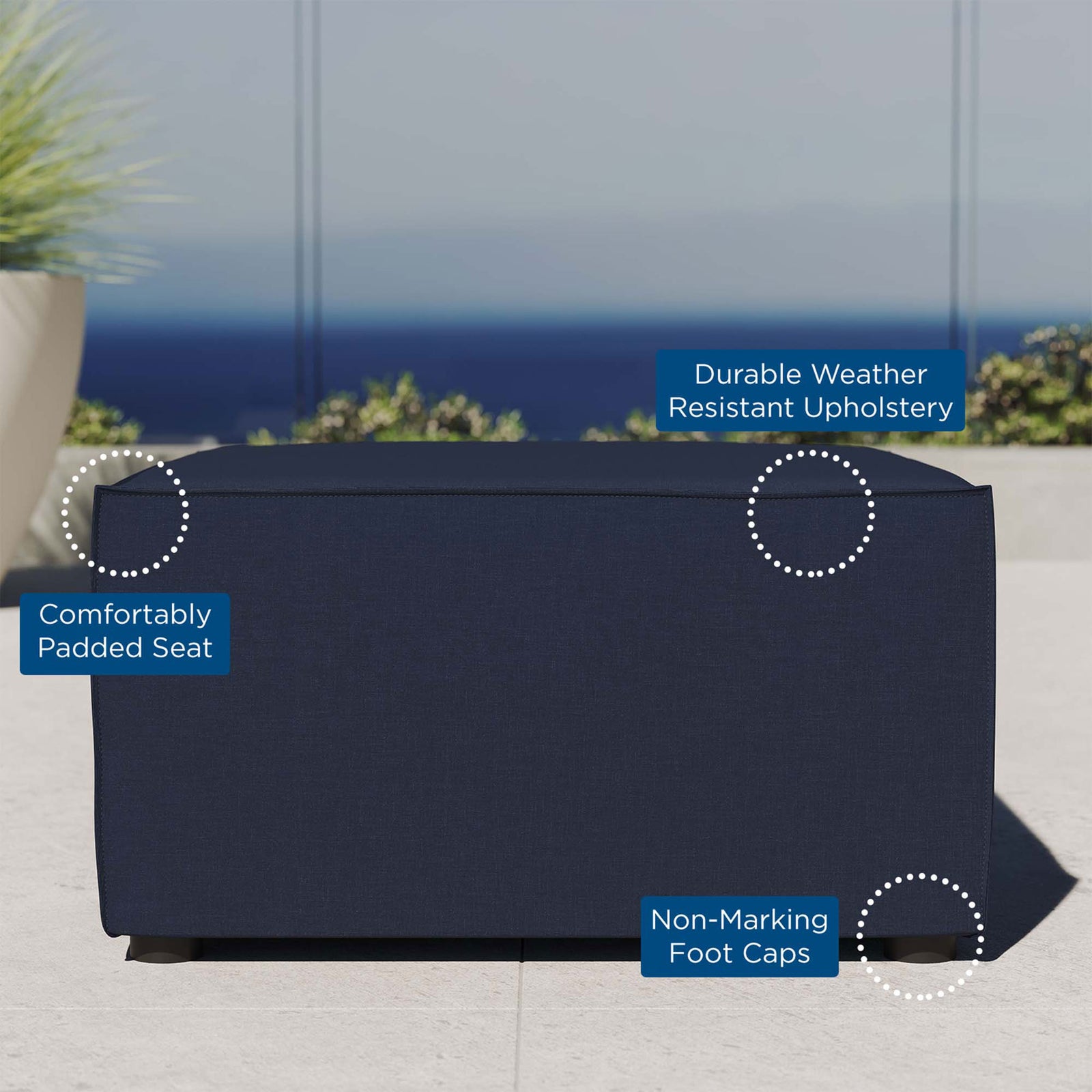 Navy outdoor ottoman highlighting weather-resistant upholstery, plush seating, and non-marking foot caps || EEI-4211-NAV || callout_room