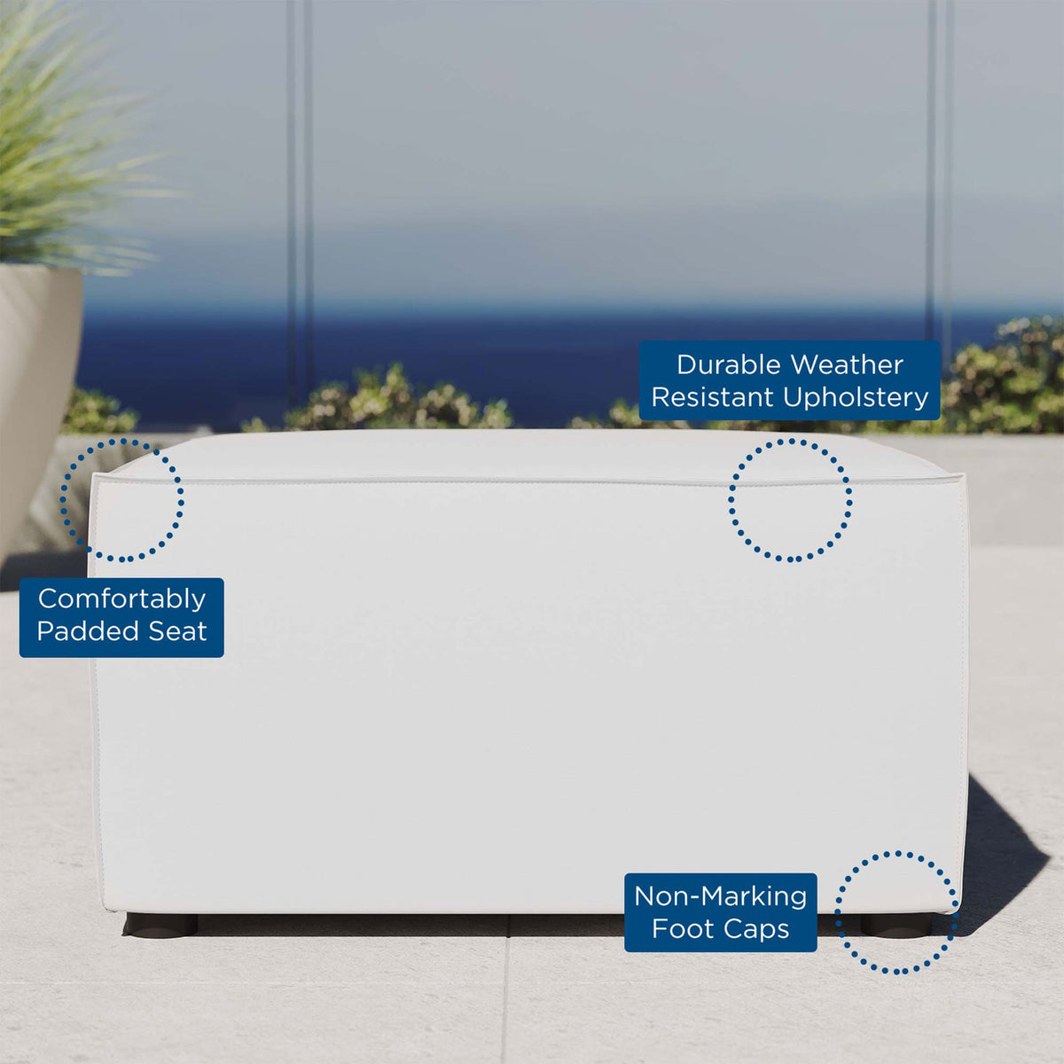 White outdoor ottoman highlighting weather-resistant upholstery, comfortable padding, and non-marking foot caps || EEI-4211-WHI || callout_room