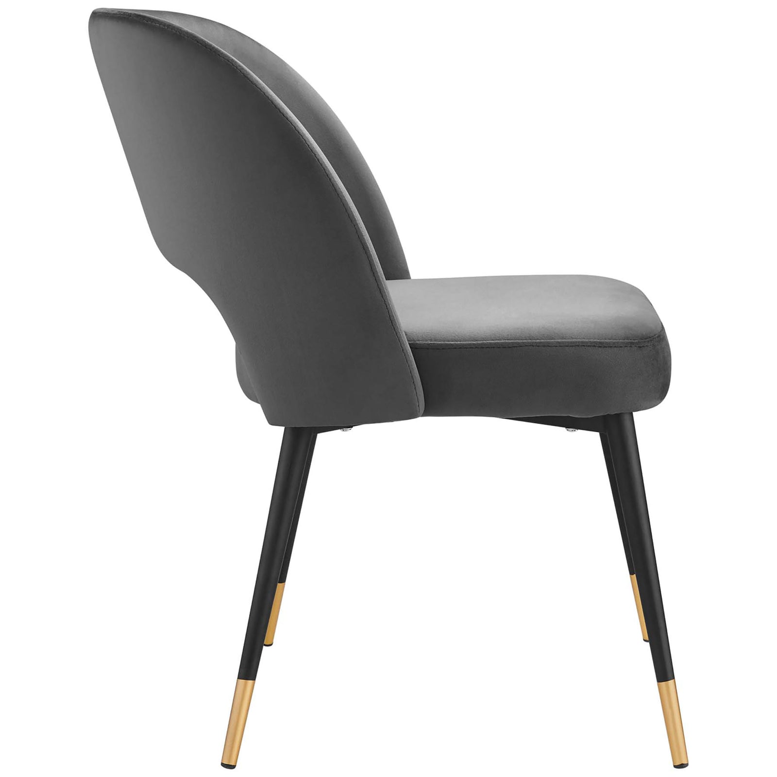 Thick cushioned seat and gently curved charcoal velvet back shown on slim metal legs. || EEI-4212-CHA || side_studio