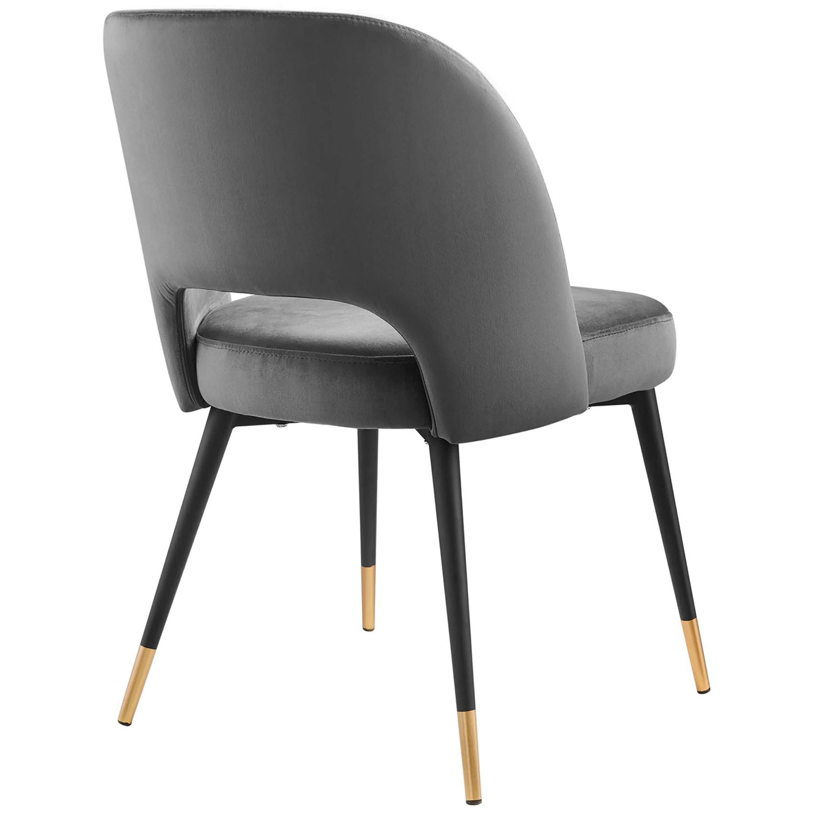 Wraparound charcoal velvet back with lower cutout detail and tapered black legs with gold tips. || EEI-4212-CHA || back_angle_studio