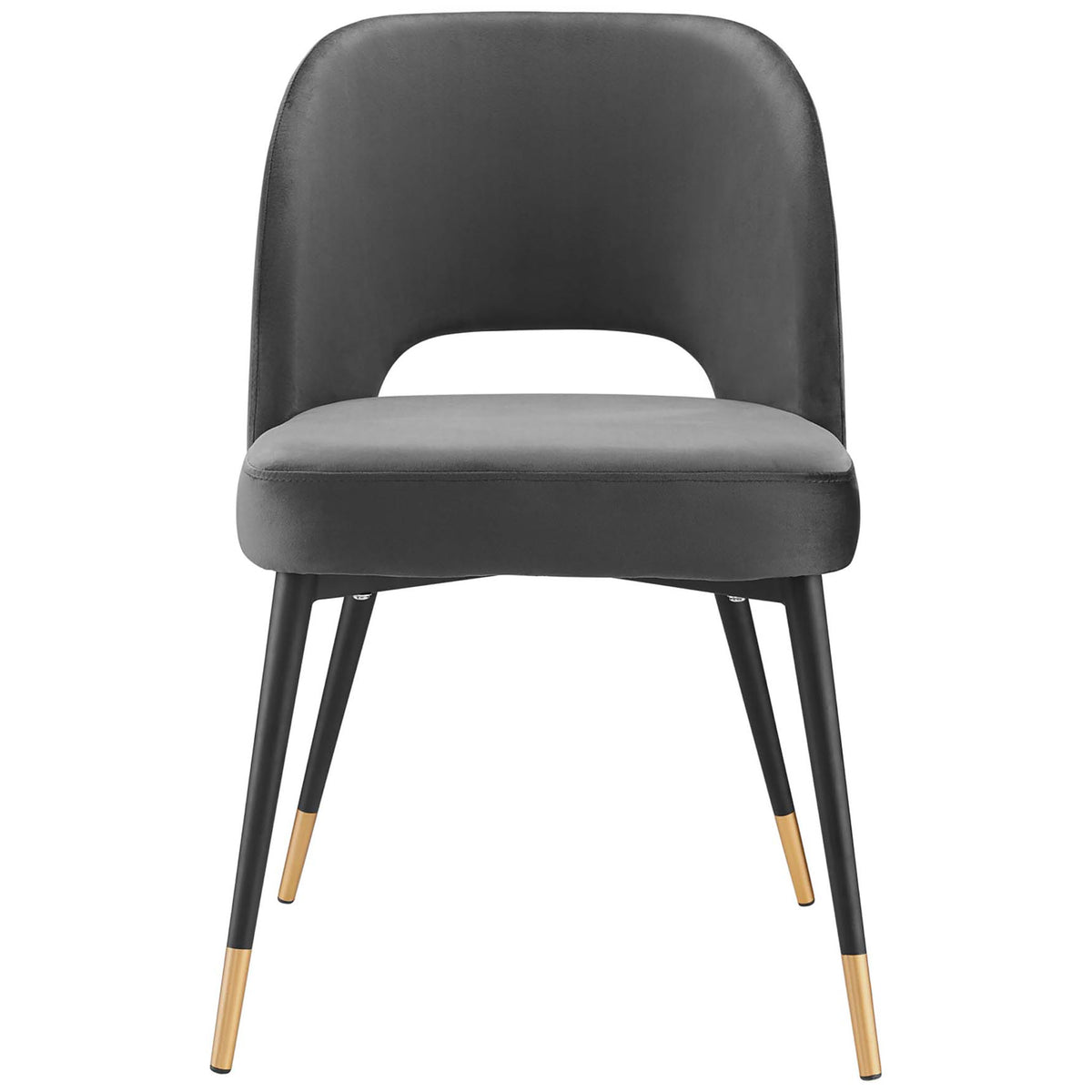 Charcoal velvet dining chair with curved backrest and gold-tipped black metal legs. || EEI-4212-CHA || front_studio