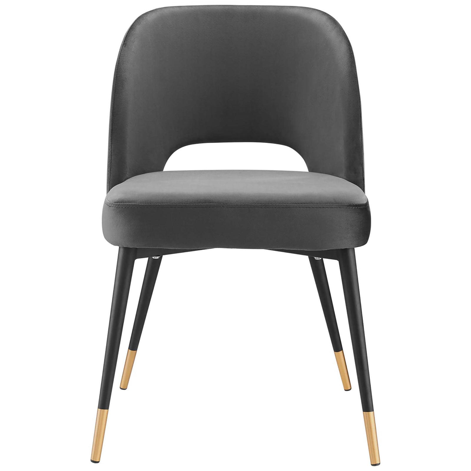 Charcoal velvet dining chair with curved backrest and gold-tipped black metal legs. || EEI-4212-CHA || front_studio