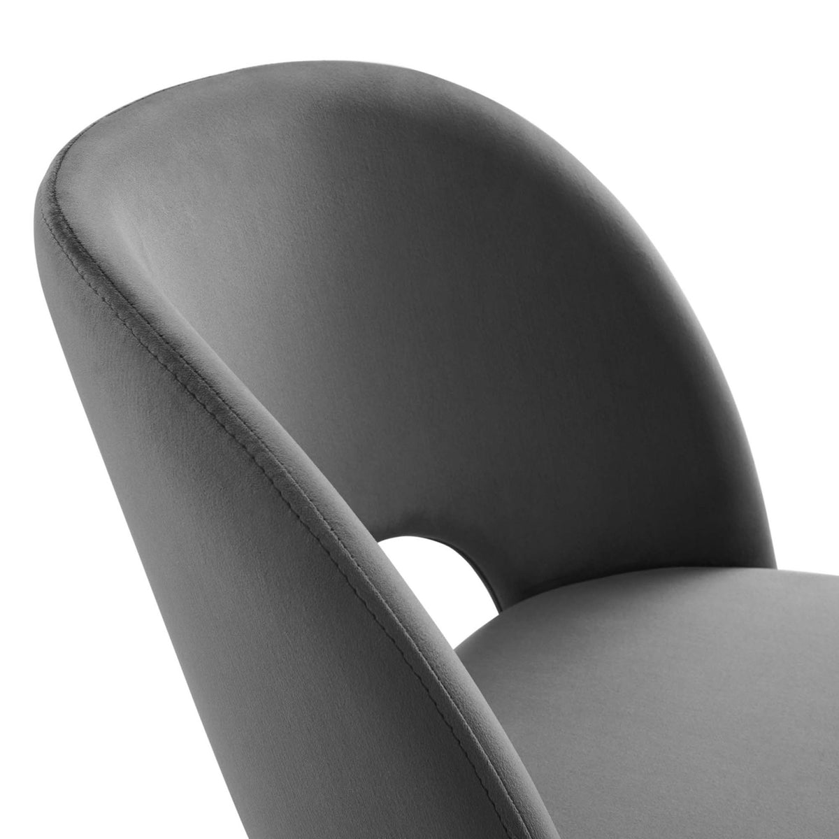 Smooth charcoal velvet upholstery with neatly tailored curved backrest and cutout detail. || EEI-4212-CHA || detail_studio