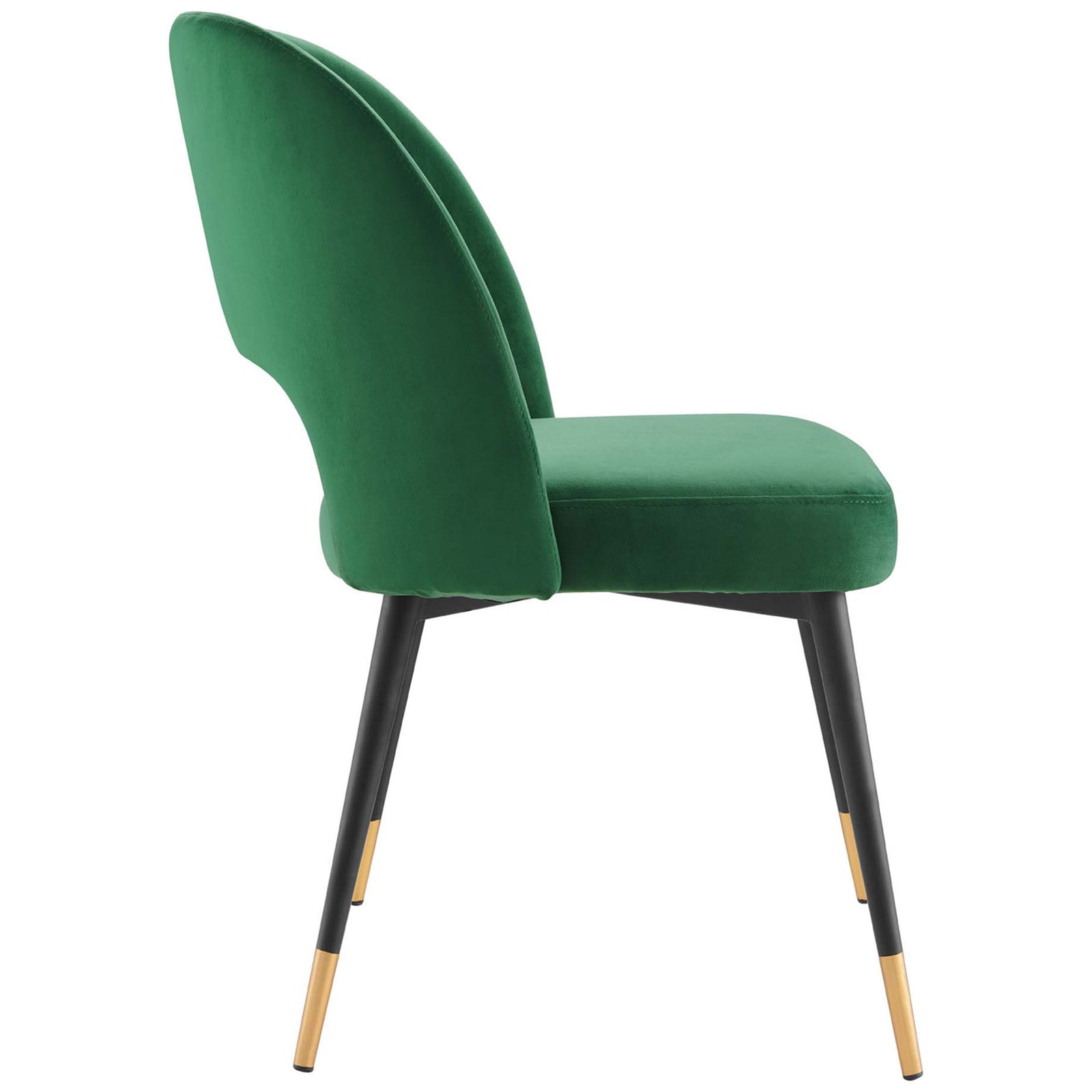 Graceful emerald velvet dining chair with plush seat and smoothly curved backrest. || EEI-4212-EME || side_studio