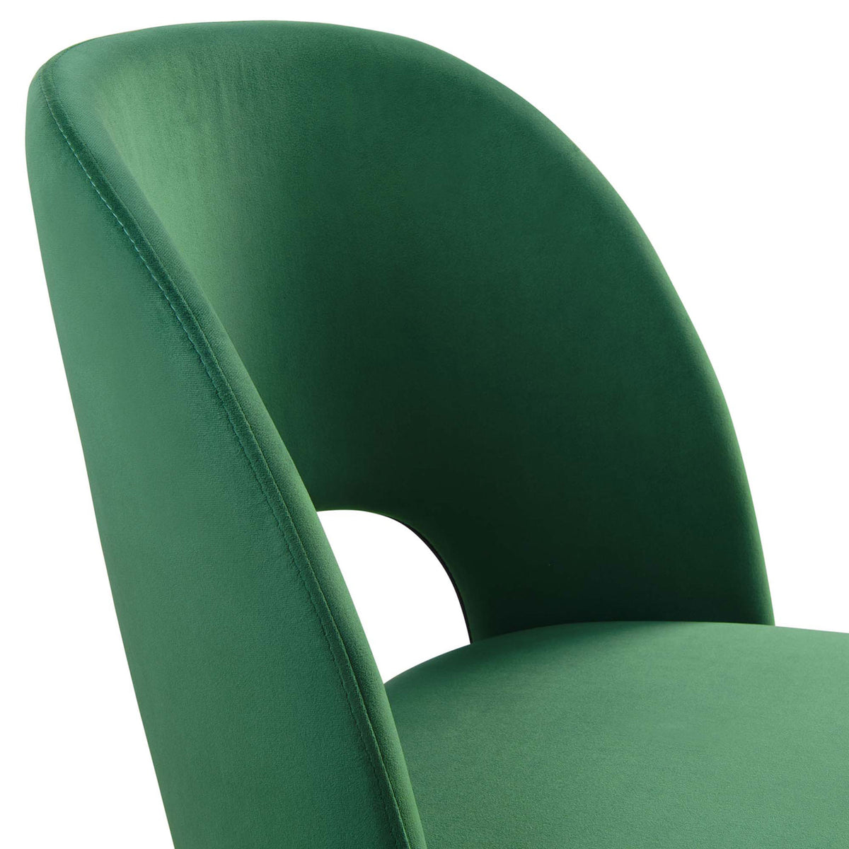 Lush emerald performance velvet upholstery with smooth curves for a soft, inviting dining seat. || EEI-4212-EME || detail_studio