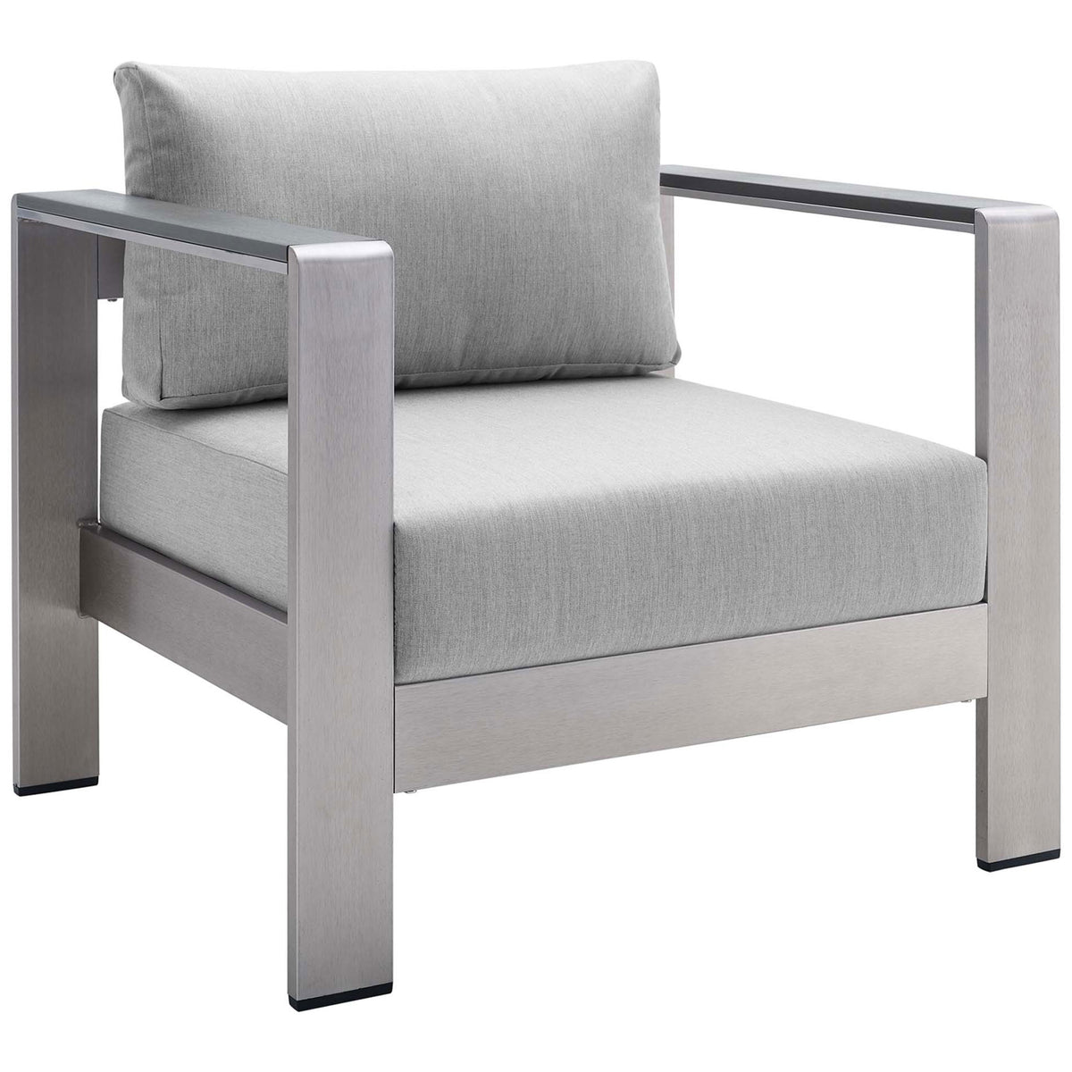 Modern silver armchair with wide arms and thick Sunbrella(r) cushions for all-weather comfort || EEI-4225-SLV-GRY || front_angle_studio