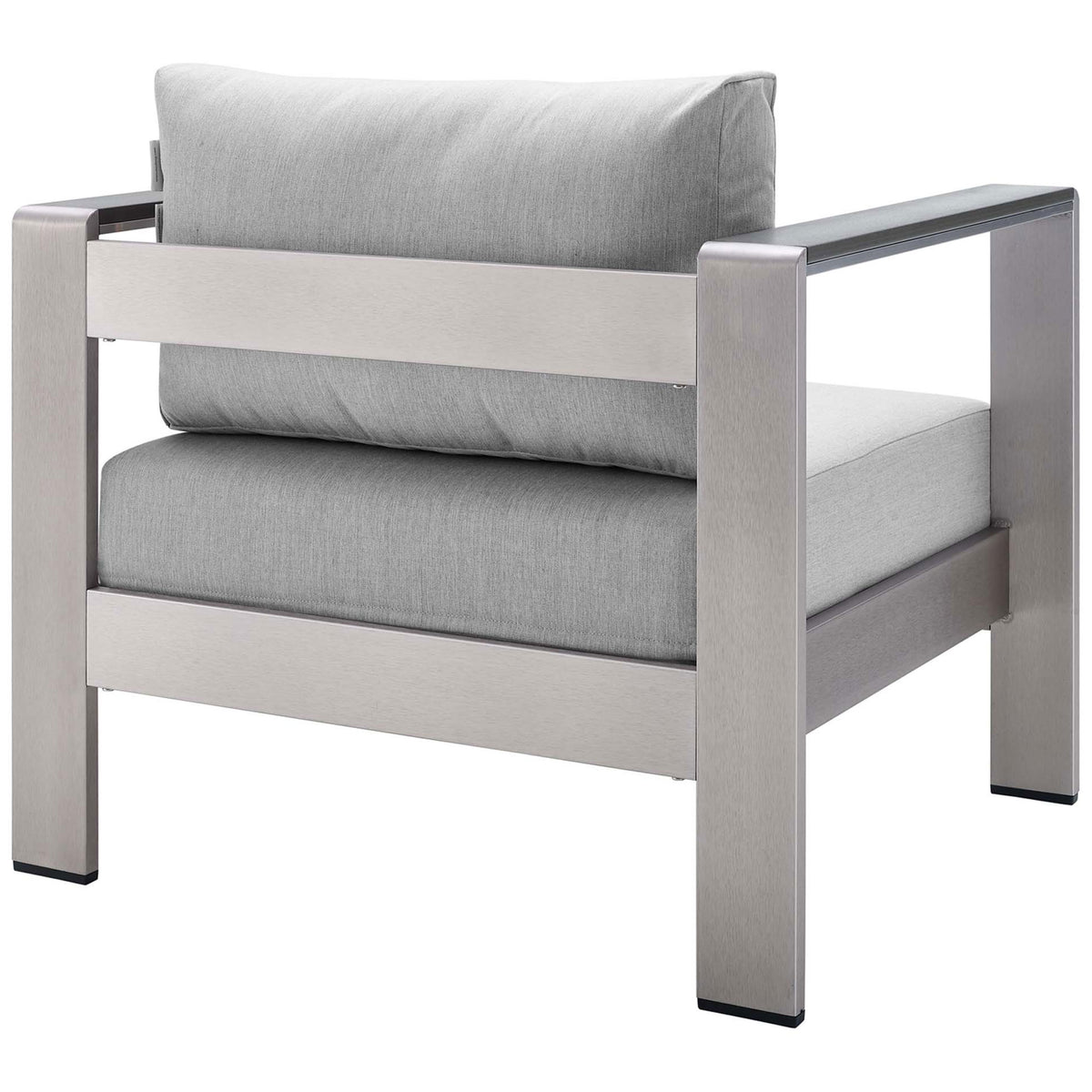 Robust aluminum back frame and generous cushions deliver lasting support on the patio || EEI-4225-SLV-GRY || back_angle_studio