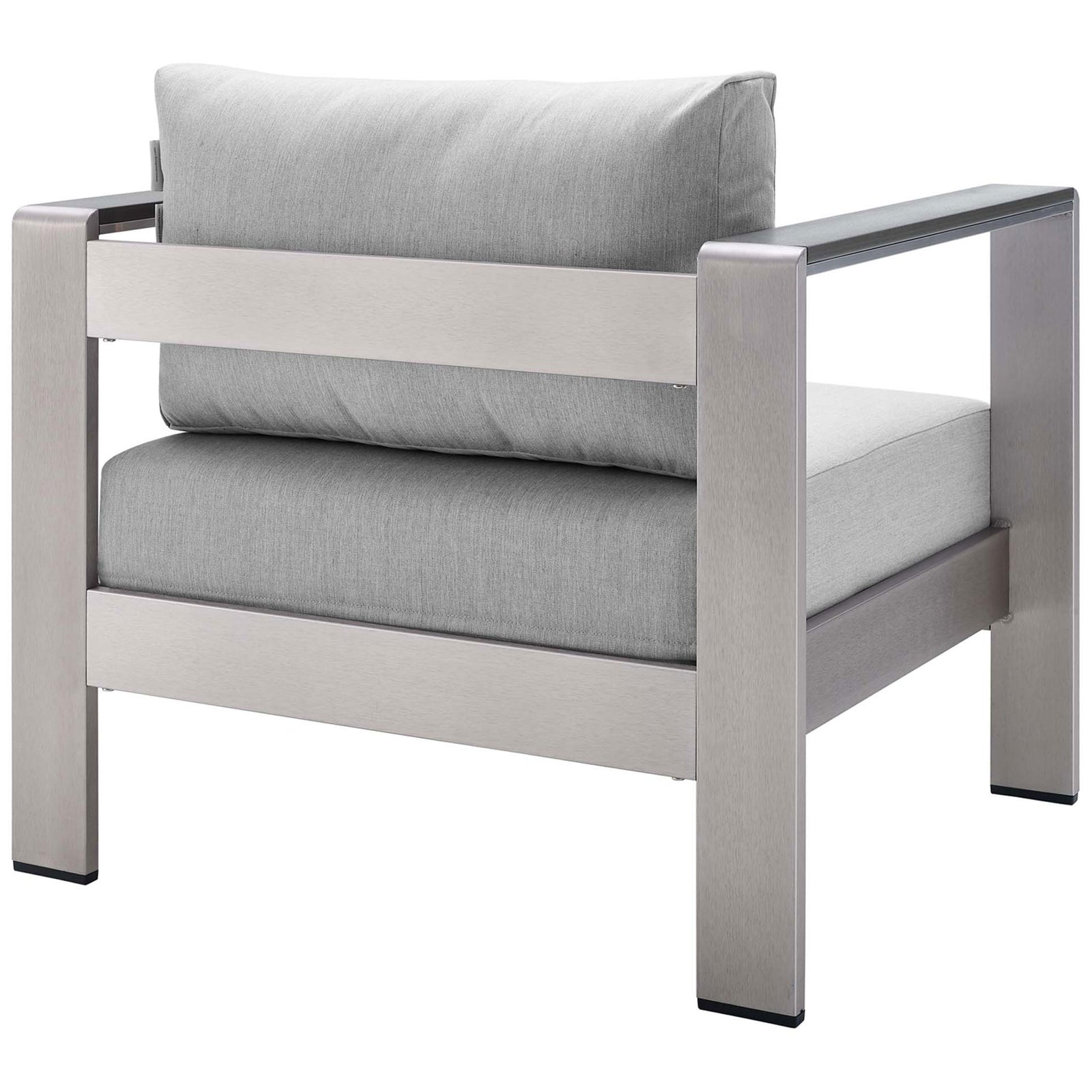Robust aluminum back frame and generous cushions deliver lasting support on the patio || EEI-4225-SLV-GRY || back_angle_studio