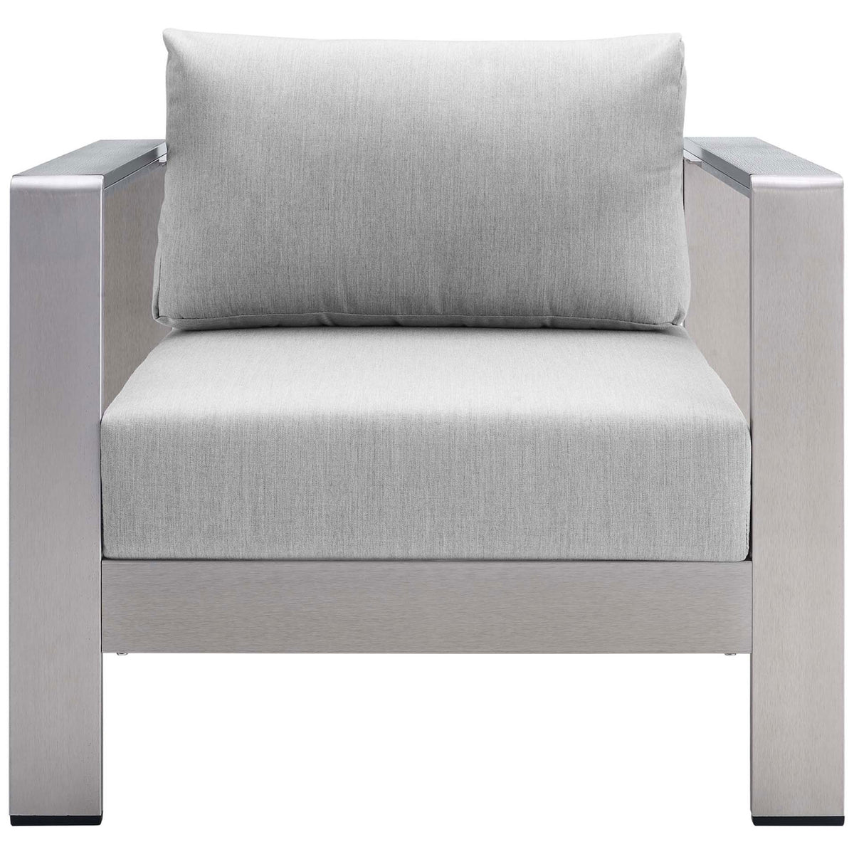 Shore Sunbrella(r) armchair pairs brushed aluminum with soft gray cushions for outdoor lounging || EEI-4225-SLV-GRY || front_studio