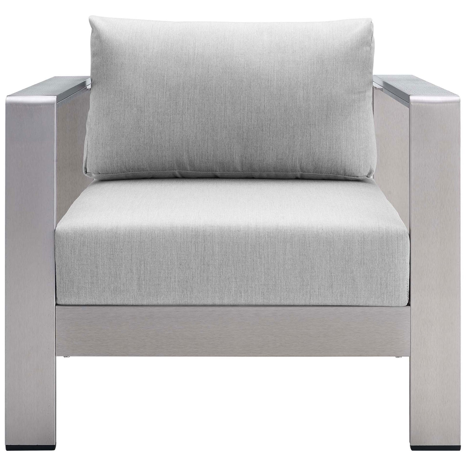 Shore Sunbrella(r) armchair pairs brushed aluminum with soft gray cushions for outdoor lounging || EEI-4225-SLV-GRY || front_studio