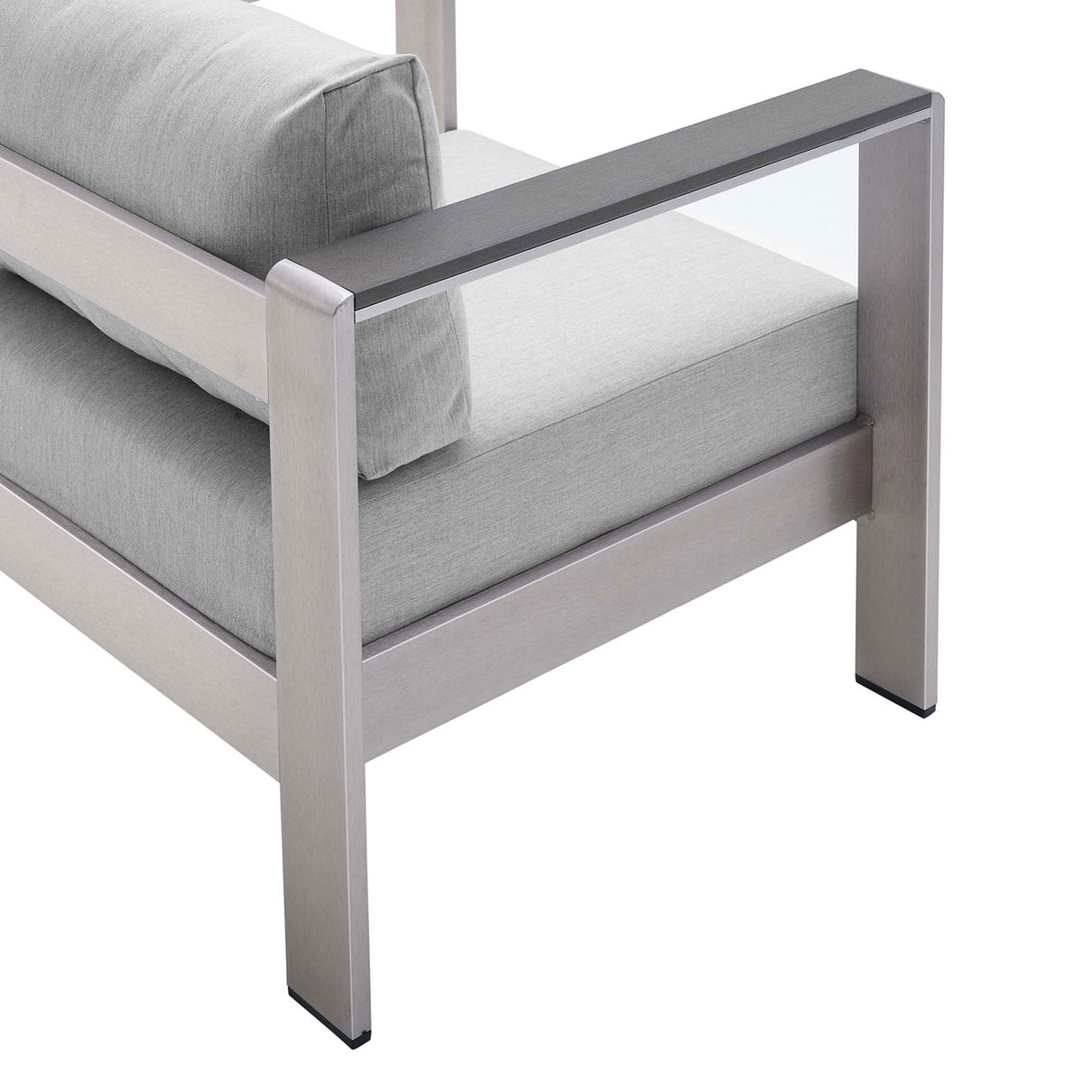 Tailored gray cushion and sleek arm inset detail add refinement to the Shore outdoor armchair || EEI-4225-SLV-GRY || detail_studio