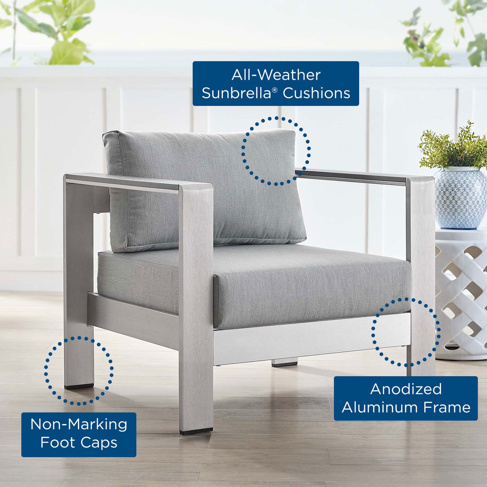 Feature callouts highlight all-weather Sunbrella(r) cushions, anodized frame, and protective foot caps || EEI-4225-SLV-GRY || callout_room