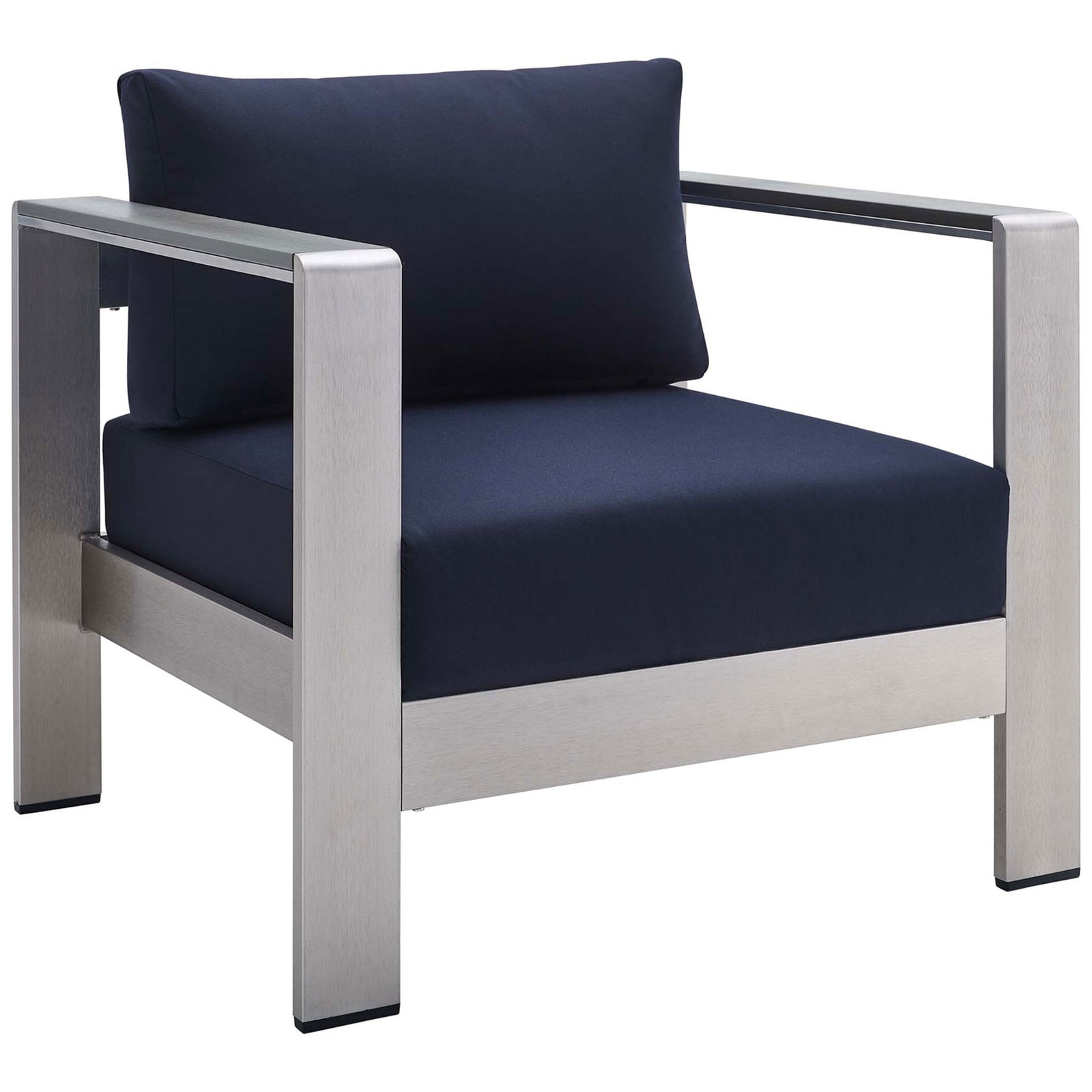 Modern silver armchair with rich navy Sunbrella(r) cushions for chic poolside relaxation || EEI-4225-SLV-NAV || front_angle_studio