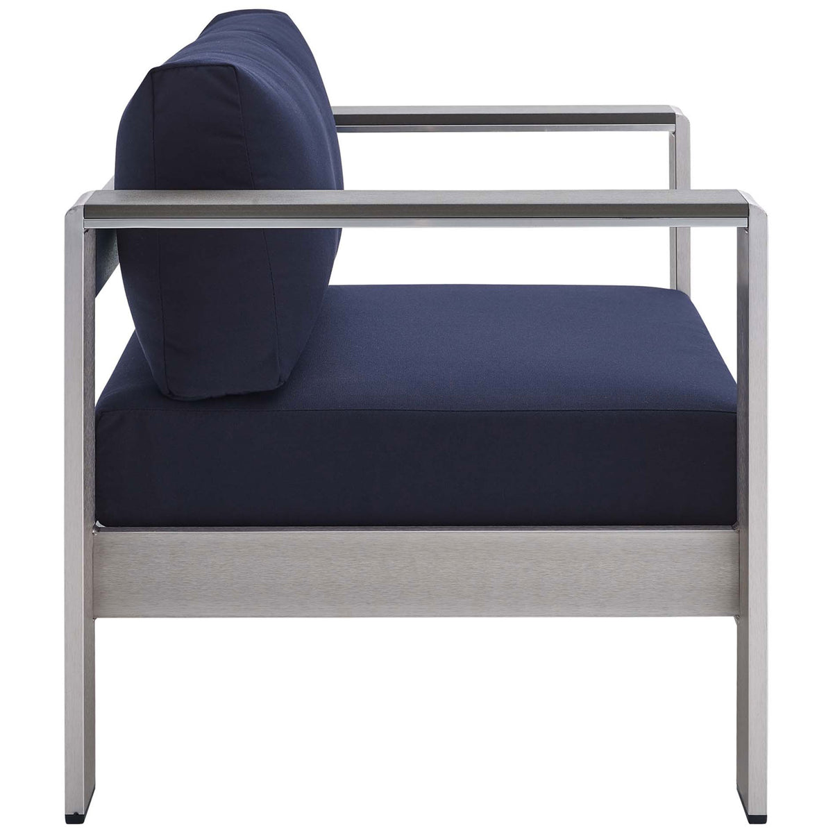 Linear arms and deep navy Sunbrella(r) seat showcase streamlined outdoor comfort || EEI-4225-SLV-NAV || side_studio