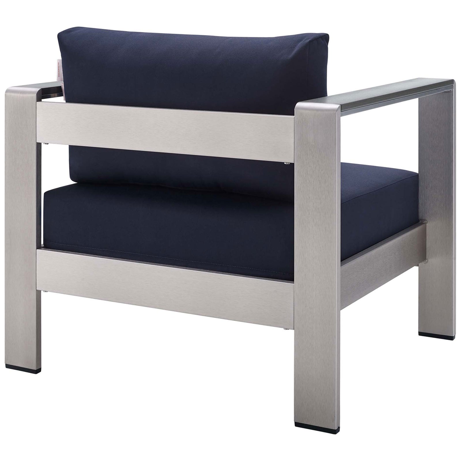 Supportive back straps and plush navy cushions offer durable comfort in any weather || EEI-4225-SLV-NAV || back_angle_studio